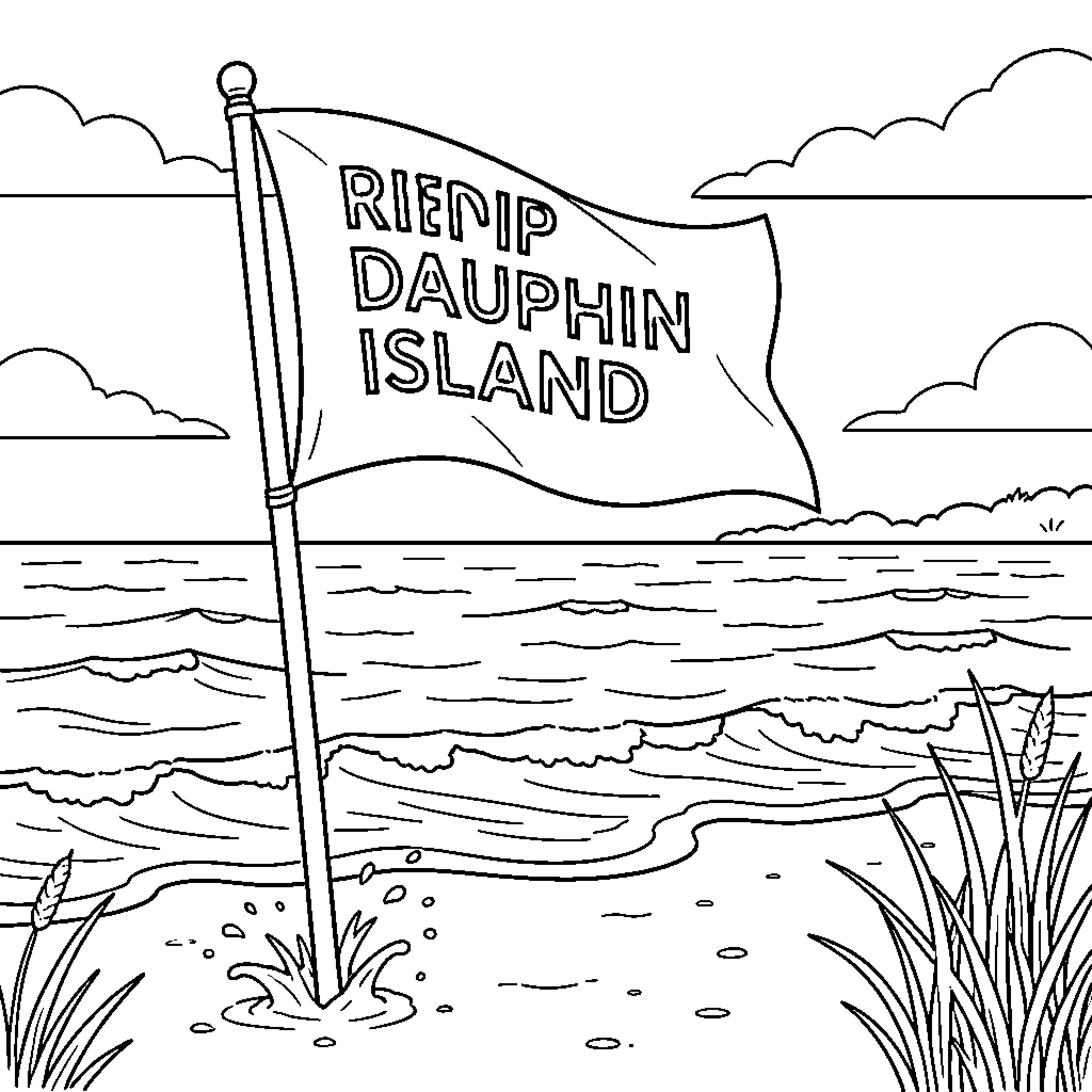 Flag waving on a beach by the ocean Coloring Page (free black-and-white line drawing printable PDF for all, from beginners to advanced learners, including children, teens, adults, and seniors)
