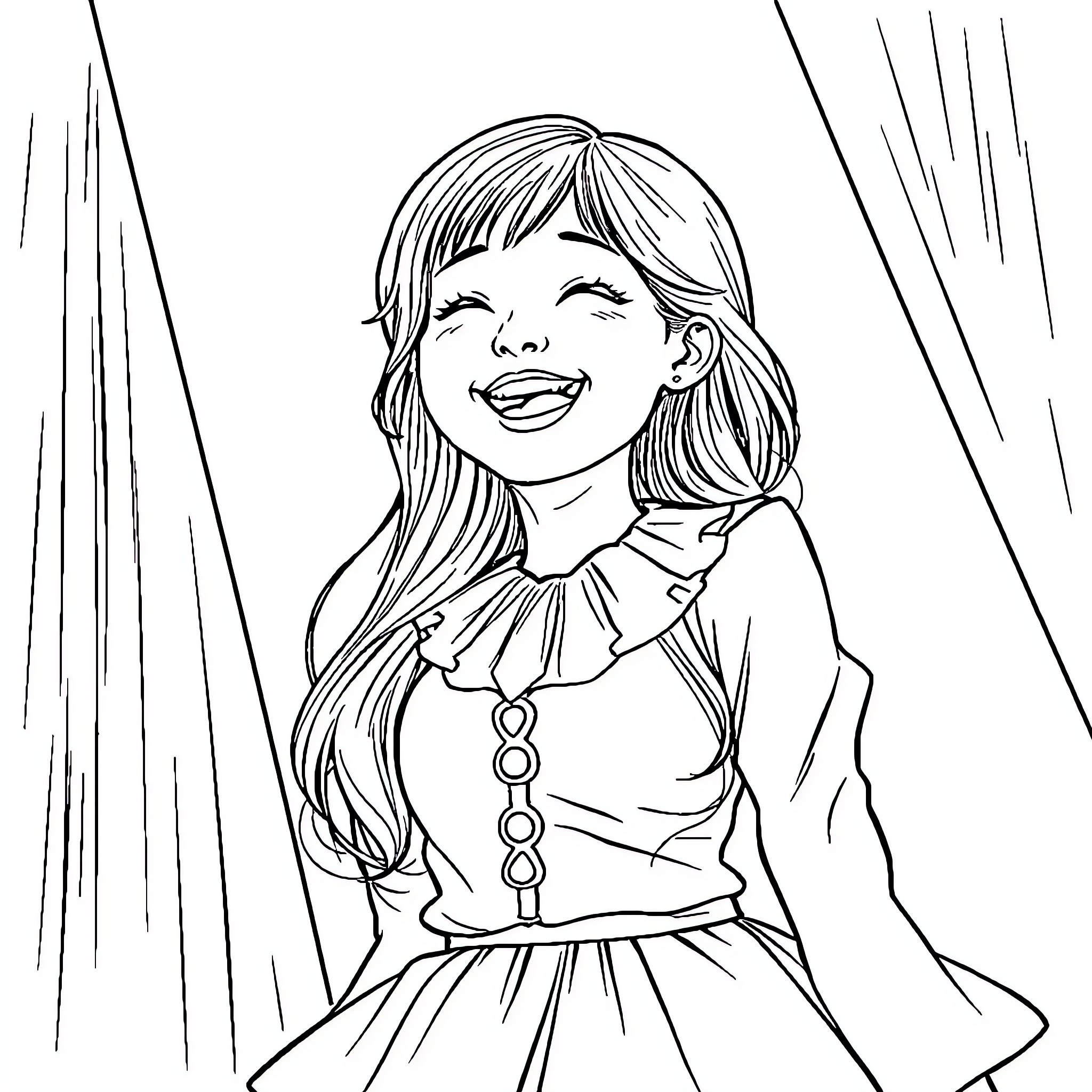 Chaewon's Joyful Expression in Elegant Attire Coloring Page (free black-and-white line drawing printable PDF for all, from beginners to advanced learners, including children, teens, adults, and seniors)
