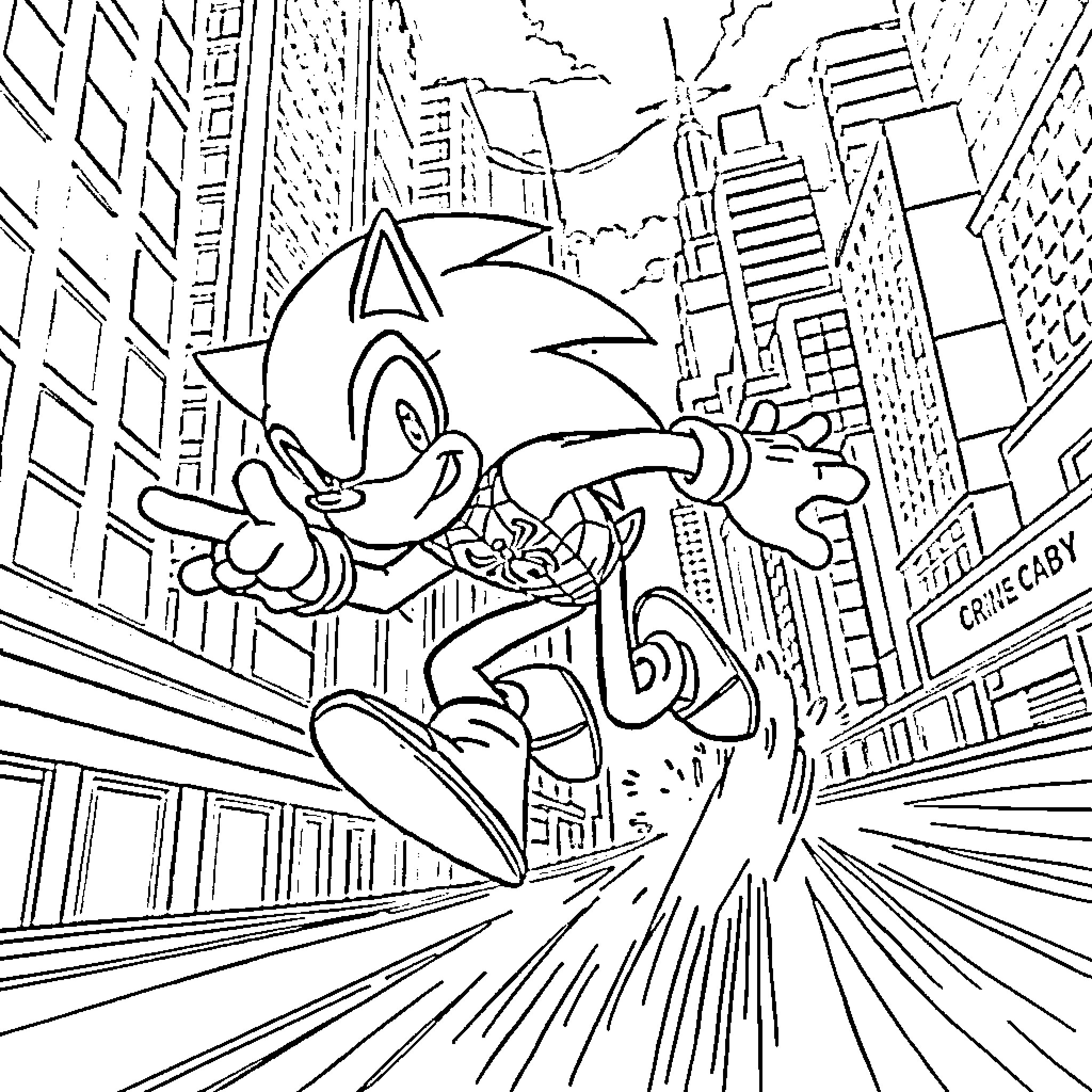 Sonic speeding through the city skyline Coloring Page (free black-and-white line drawing printable PDF for all, from beginners to advanced learners, including children, teens, adults, and seniors)