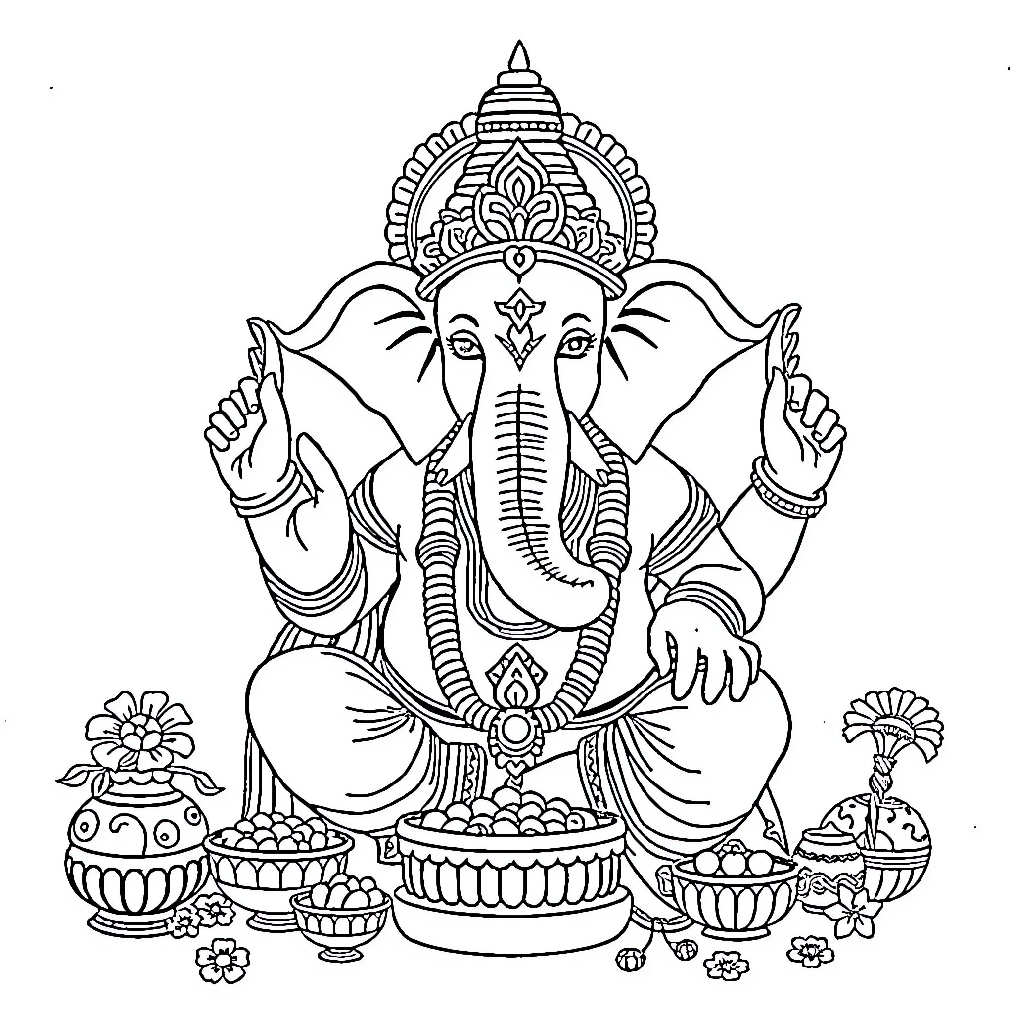 Ganapati seated with offerings and blessings Coloring Page (free black-and-white line drawing printable PDF for all, from beginners to advanced learners, including children, teens, adults, and seniors)
