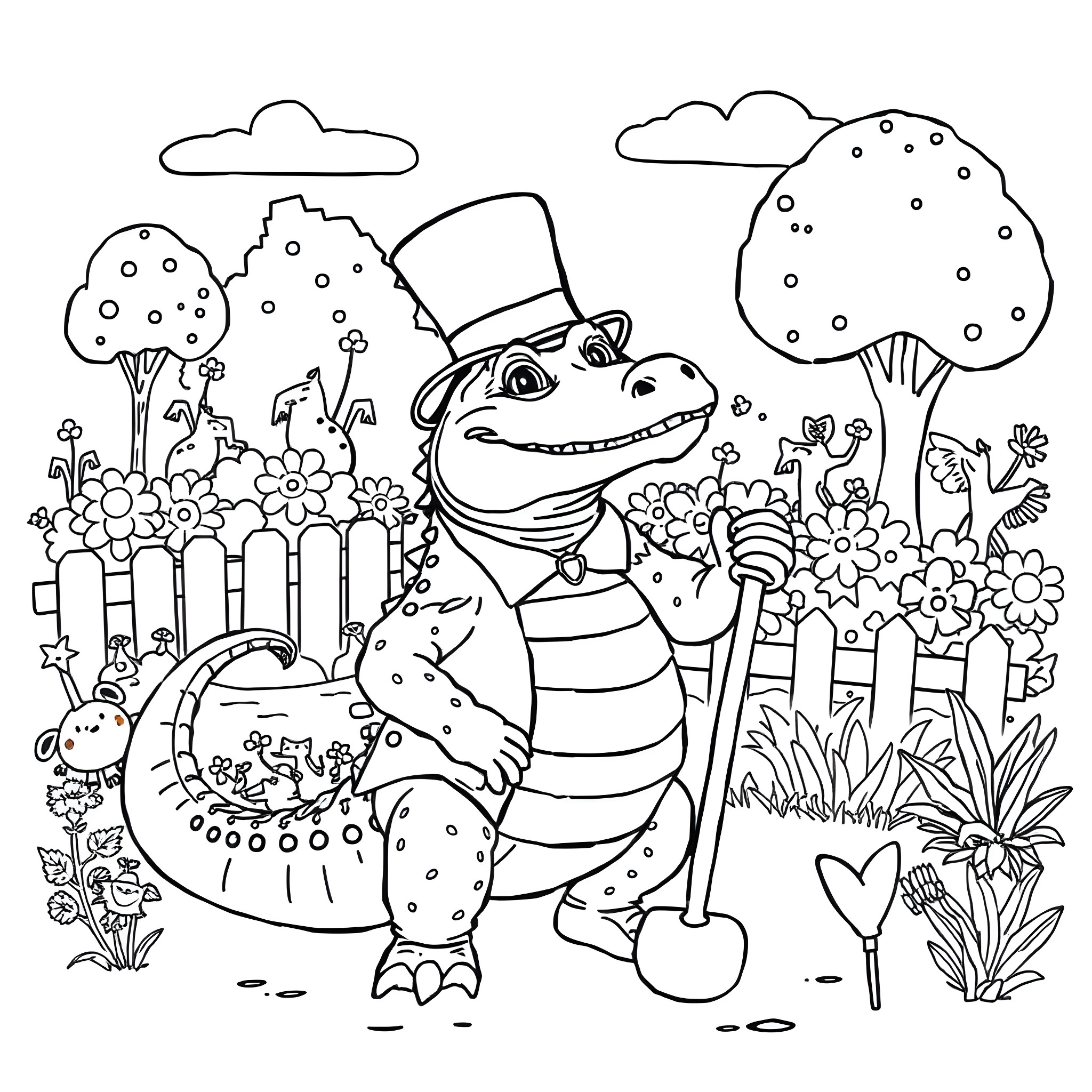 Alligator dressed in a top hat and tuxedo in a colorful garden Coloring Page (free black-and-white line drawing printable PDF for all, from beginners to advanced learners, including children, teens, adults, and seniors)
