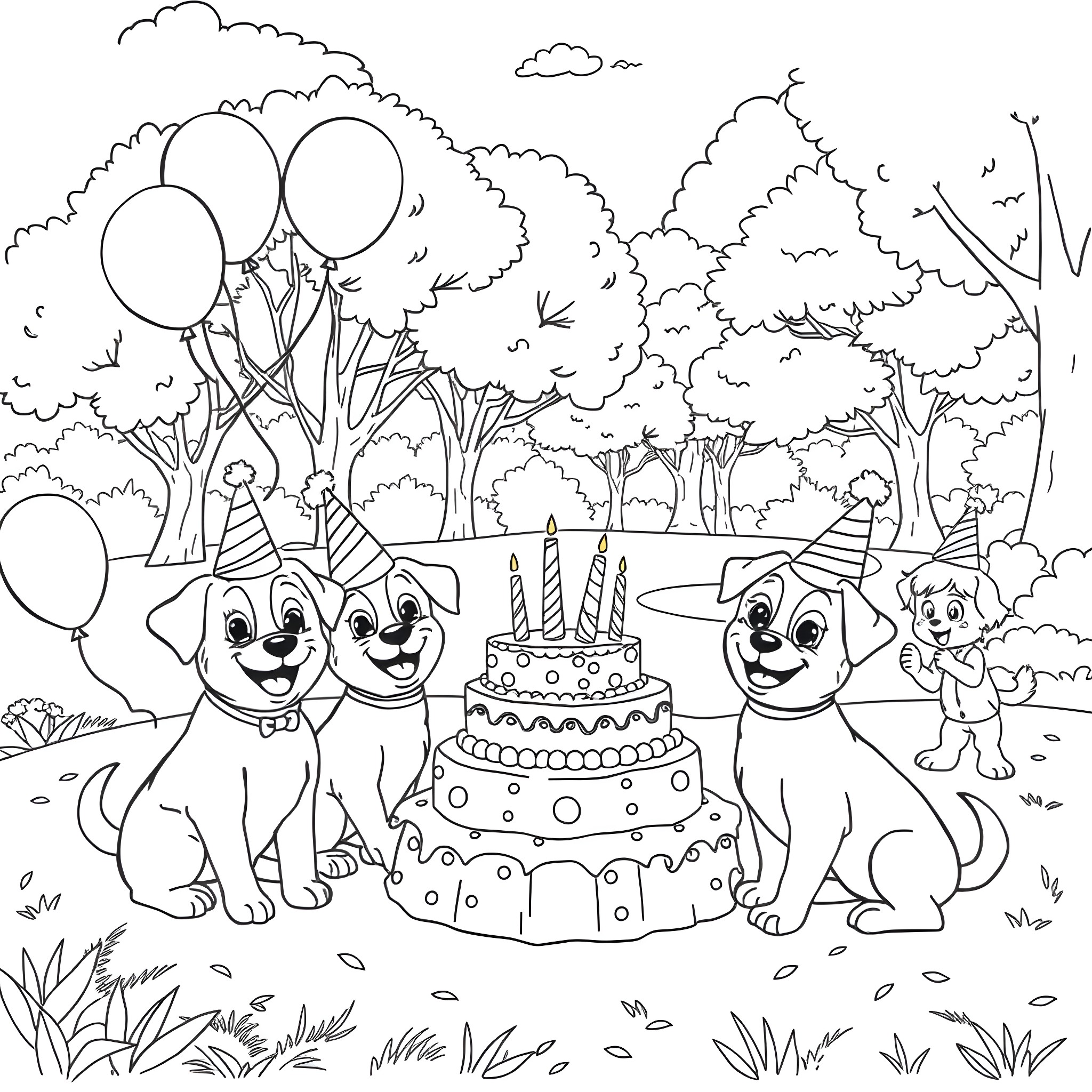 Puppies celebrating a birthday party in the park Coloring Page (free black-and-white line drawing printable PDF for all, from beginners to advanced learners, including children, teens, adults, and seniors)