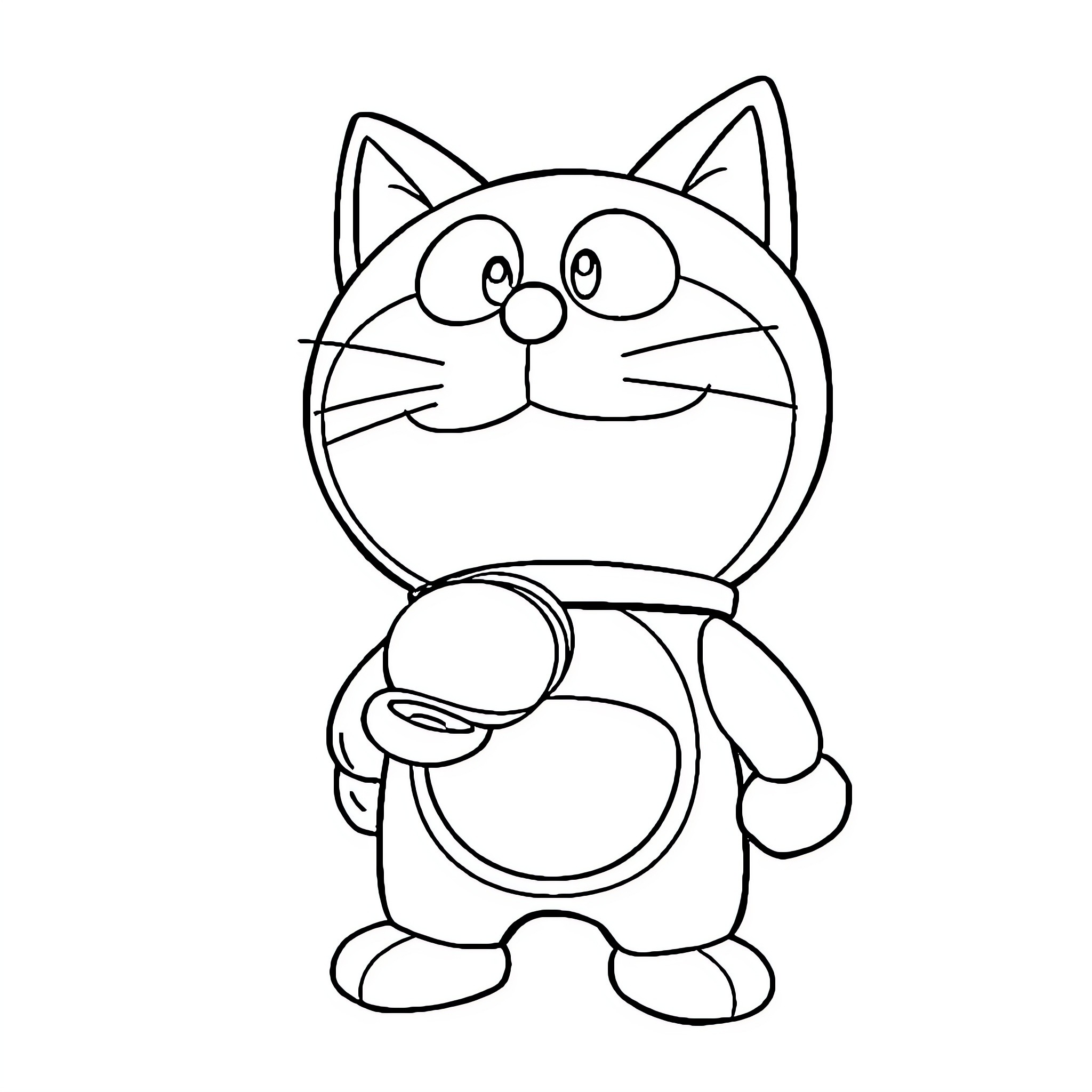 Doraemon, the Friendly and Curious Robot Cat Coloring Page (free black-and-white line drawing printable PDF for all, from beginners to advanced learners, including children, teens, adults, and seniors)