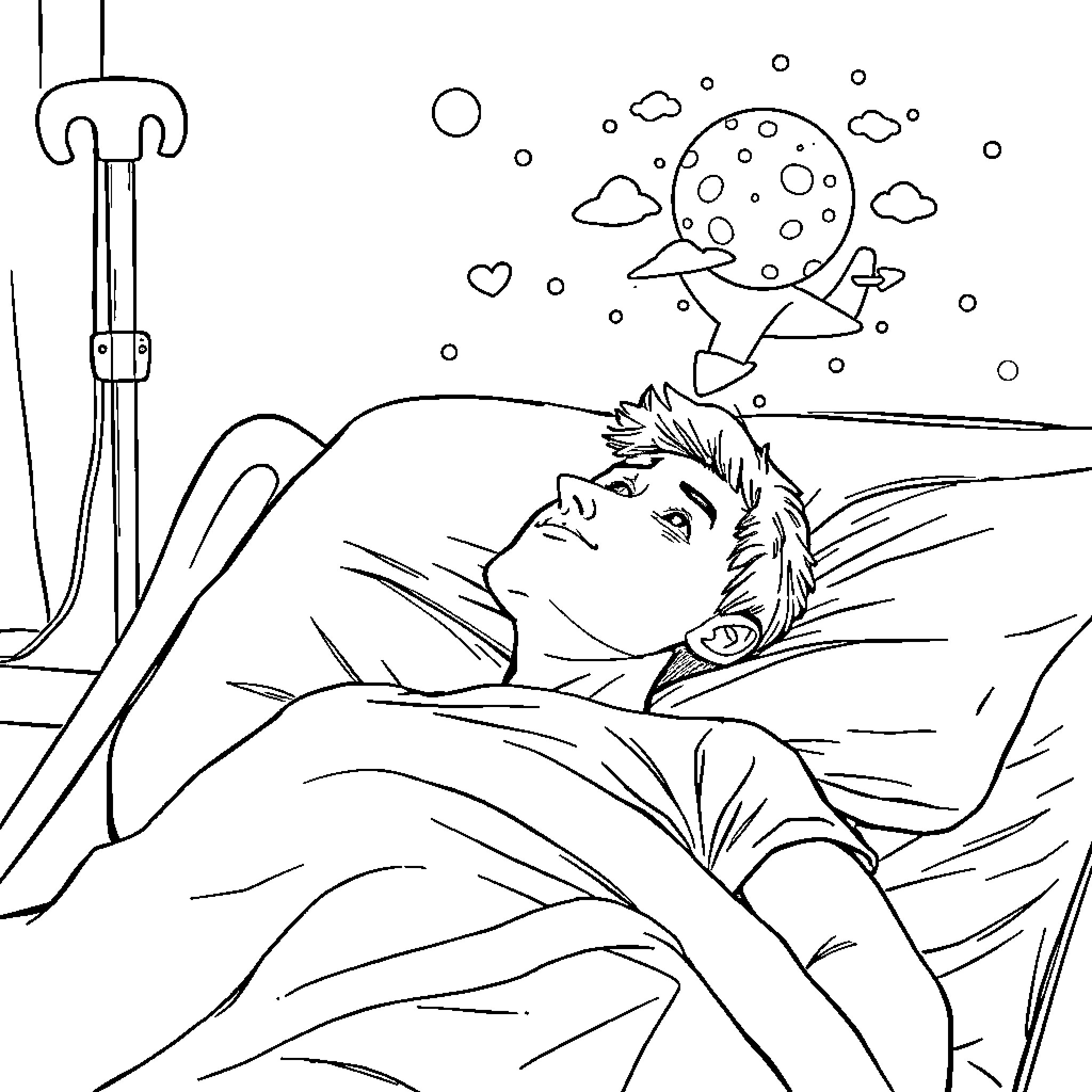 Man resting peacefully in bed with dreamscape Coloring Page (free black-and-white line drawing printable PDF for all, from beginners to advanced learners, including children, teens, adults, and seniors)