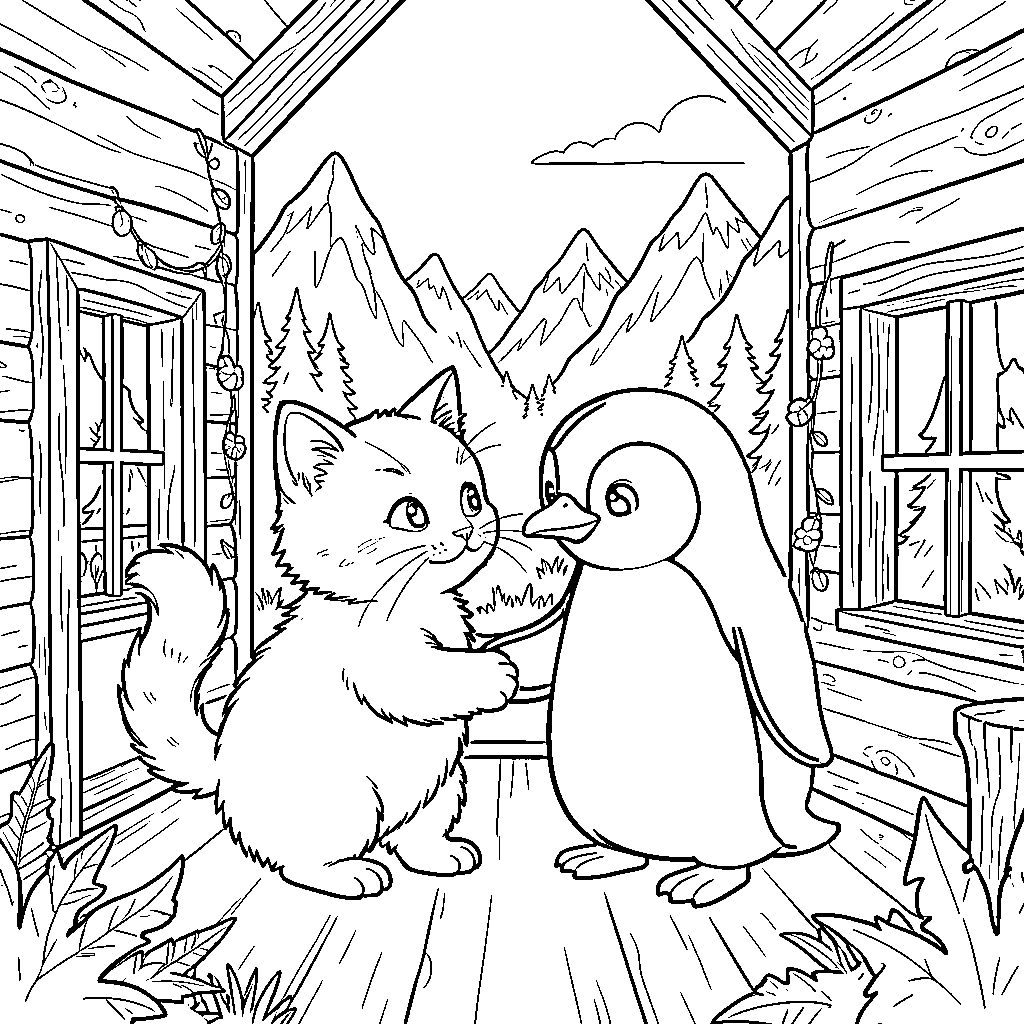 Kitten and Penguin Exploring Snowy Mountain Cabin Coloring Page (free black-and-white line drawing printable PDF for all, from beginners to advanced learners, including children, teens, adults, and seniors)