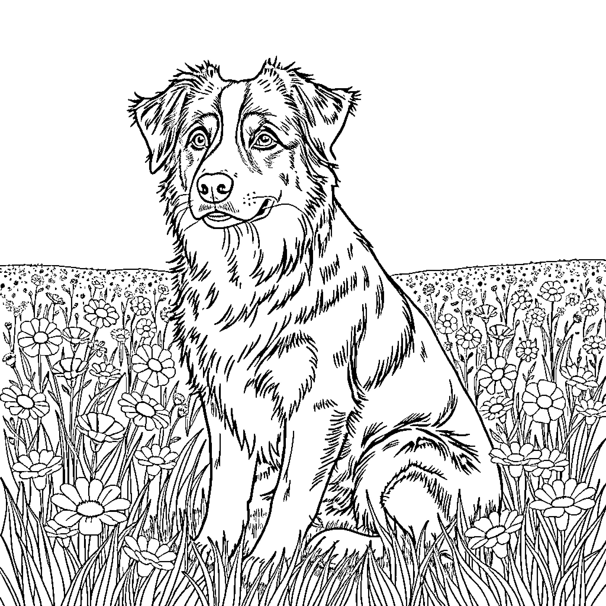 Australian Shepherd Sitting in a Flowery Field Coloring Page (free black-and-white line drawing printable PDF for all, from beginners to advanced learners, including children, teens, adults, and seniors)