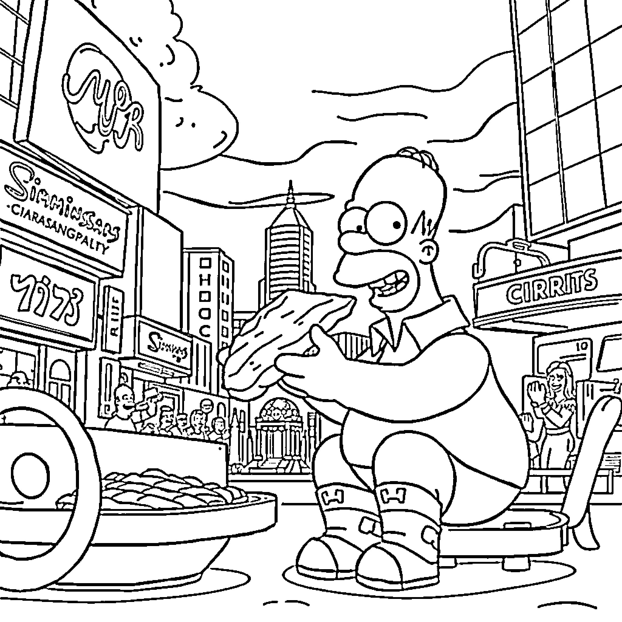 Homer Simpson Enjoying the City Sights Coloring Page (free black-and-white line drawing printable PDF for all, from beginners to advanced learners, including children, teens, adults, and seniors)