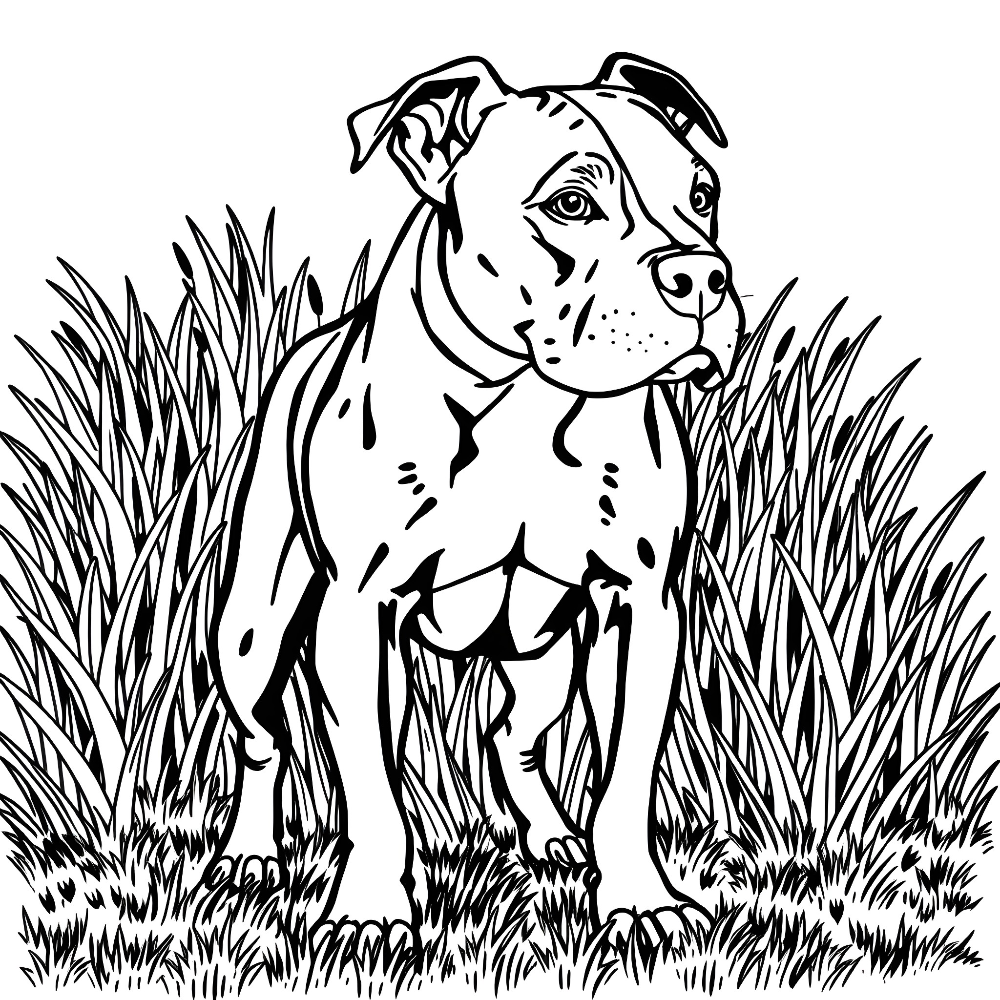 Pitbull standing tall in tall grass Coloring Page (free black-and-white line drawing printable PDF for all, from beginners to advanced learners, including children, teens, adults, and seniors)