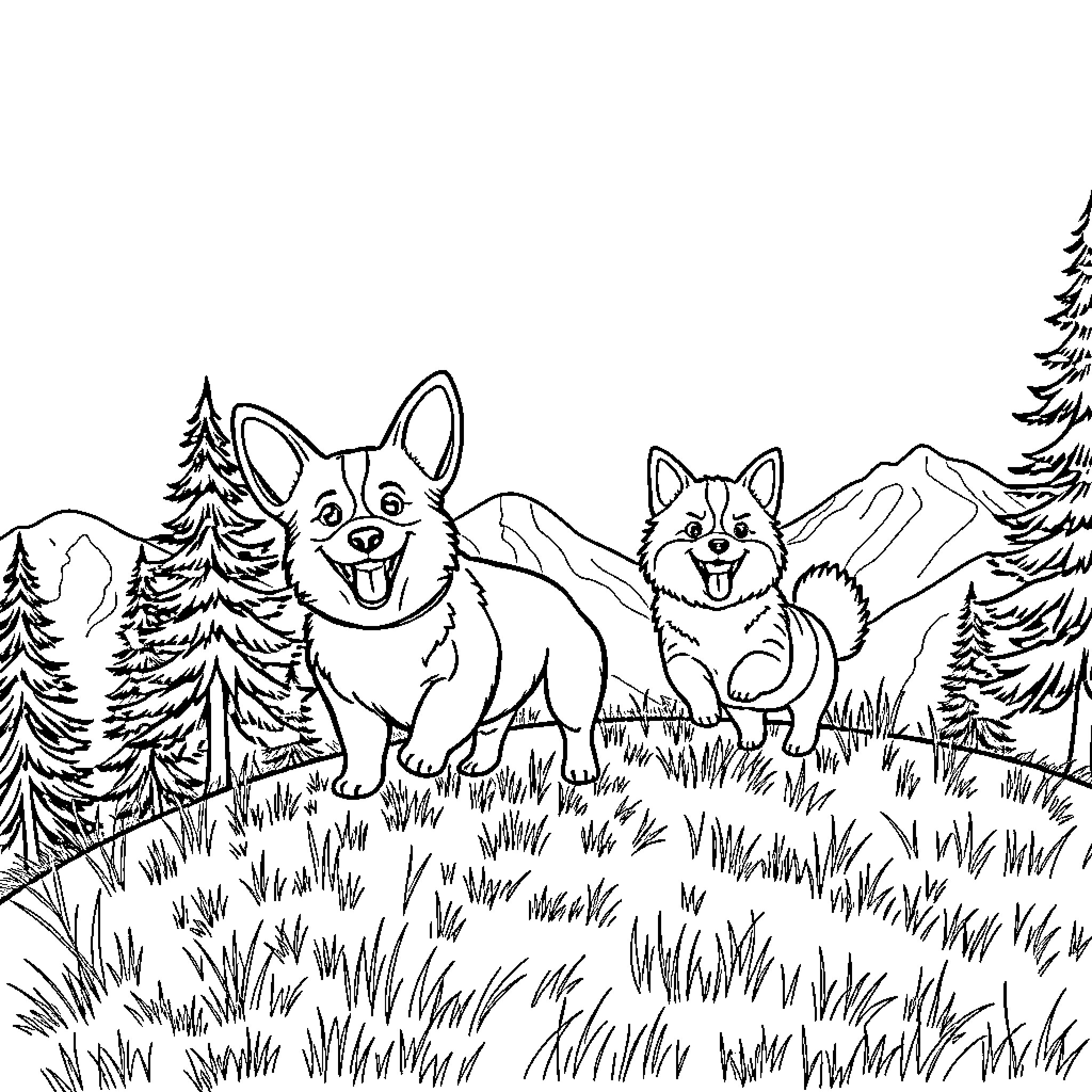 Corgi enjoying a mountain hike with friends Coloring Page (free black-and-white line drawing printable PDF for all, from beginners to advanced learners, including children, teens, adults, and seniors)
