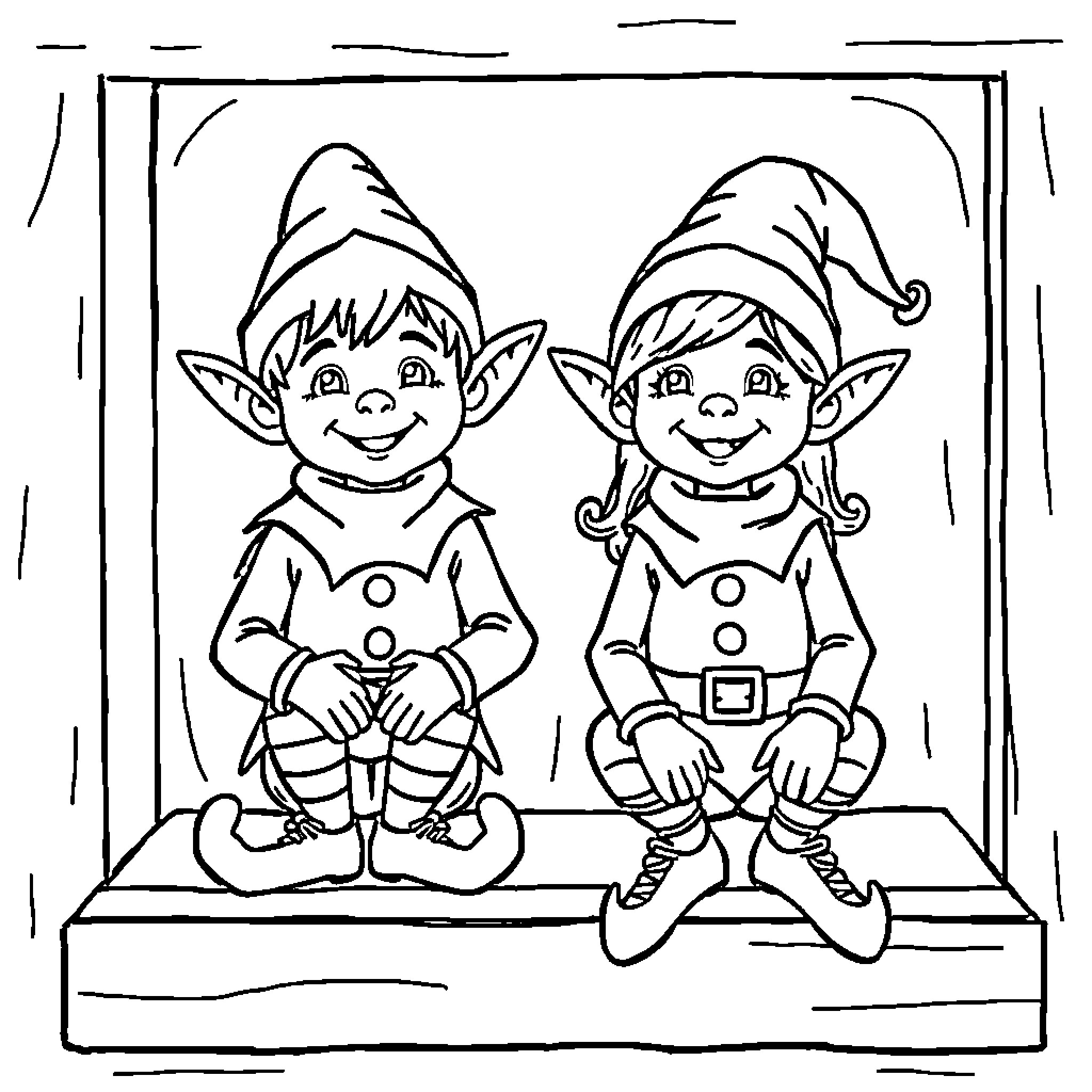 Elf siblings sitting on a ledge Coloring Page (free black-and-white line drawing printable PDF for all, from beginners to advanced learners, including children, teens, adults, and seniors)