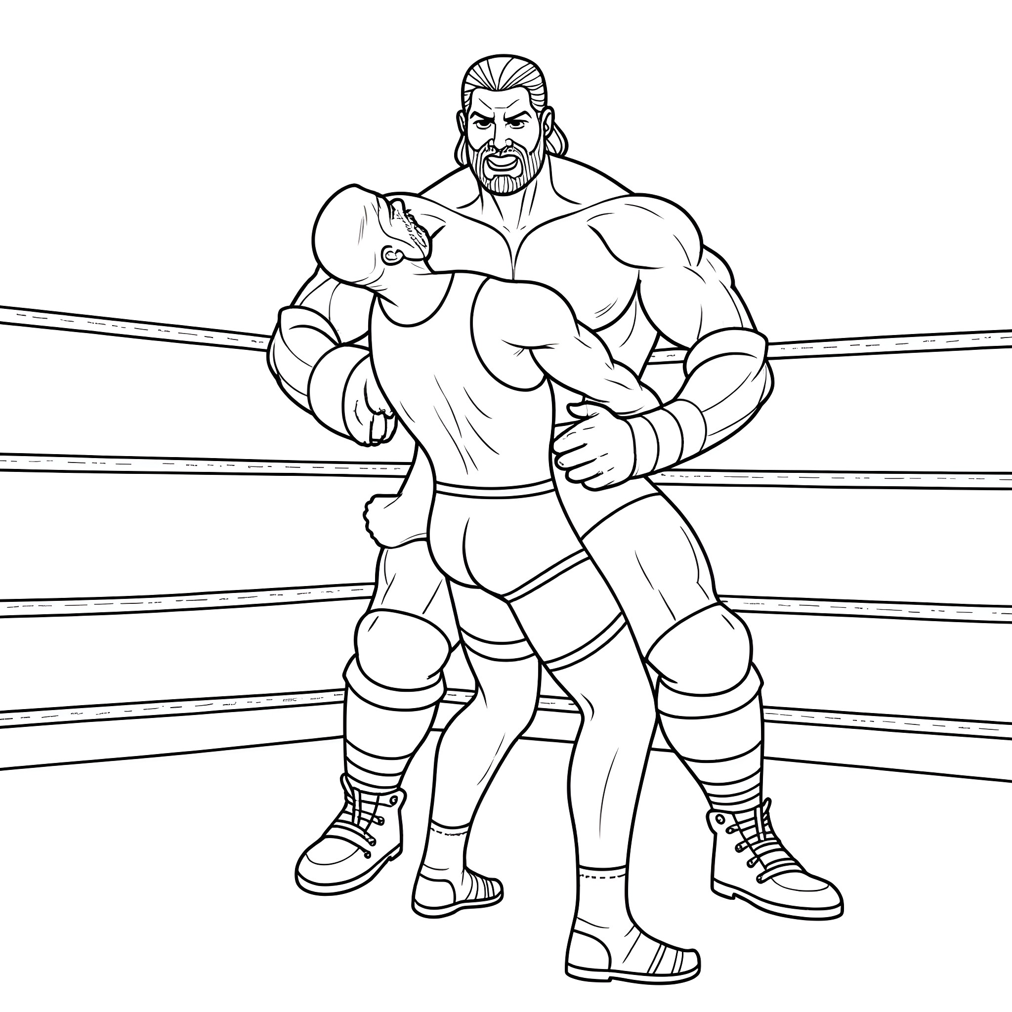 Hulk Hogan Striking a Powerful Pose in the Wrestling Ring Coloring Page (free black-and-white line drawing printable PDF for all, from beginners to advanced learners, including children, teens, adults, and seniors)