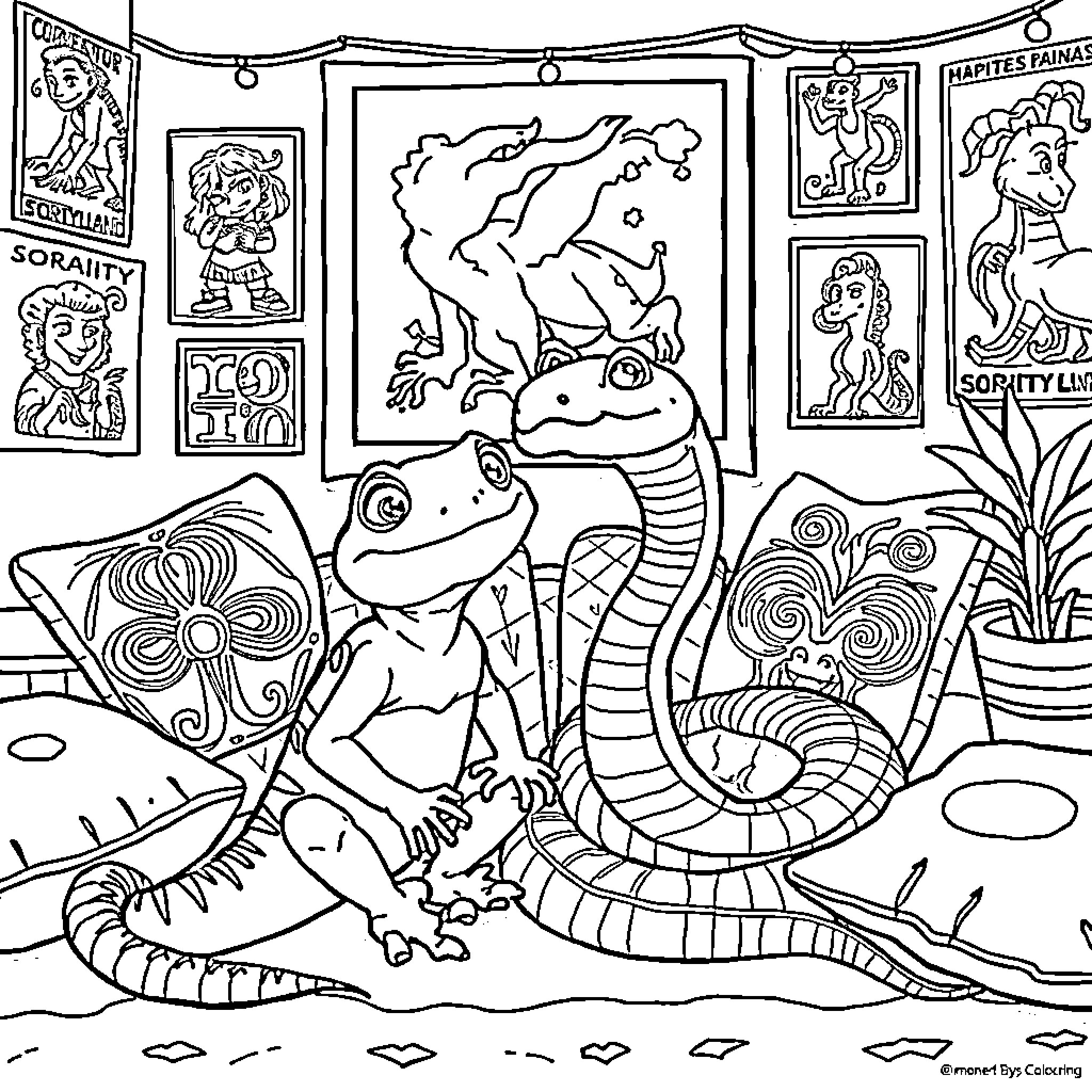 Gecko exploring an artistic display Coloring Page (free black-and-white line drawing printable PDF for all, from beginners to advanced learners, including children, teens, adults, and seniors)