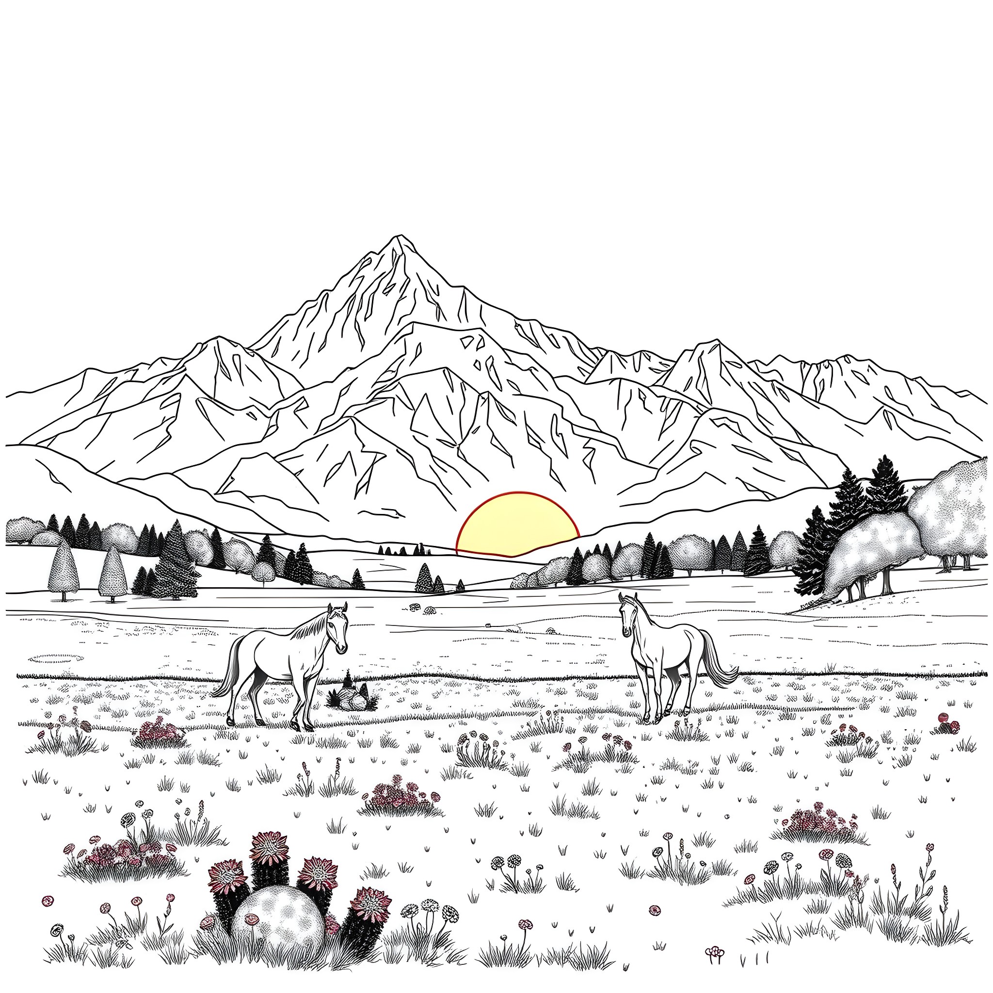 Horses grazing peacefully in a mountain landscape Coloring Page (free black-and-white line drawing printable PDF for all, from beginners to advanced learners, including children, teens, adults, and seniors)