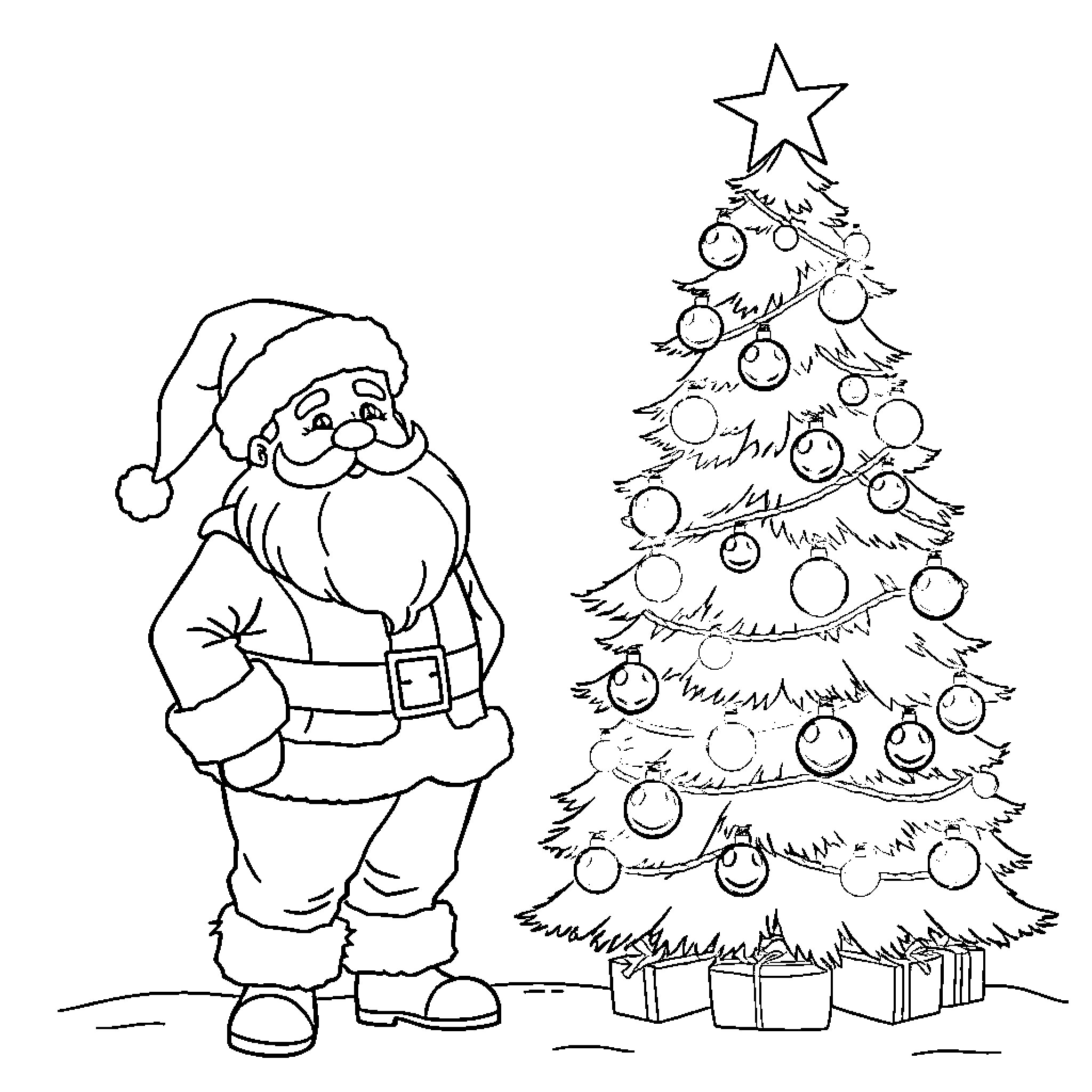 Father Christmas standing beside decorated Christmas tree Coloring Page (free black-and-white line drawing printable PDF for all, from beginners to advanced learners, including children, teens, adults, and seniors)
