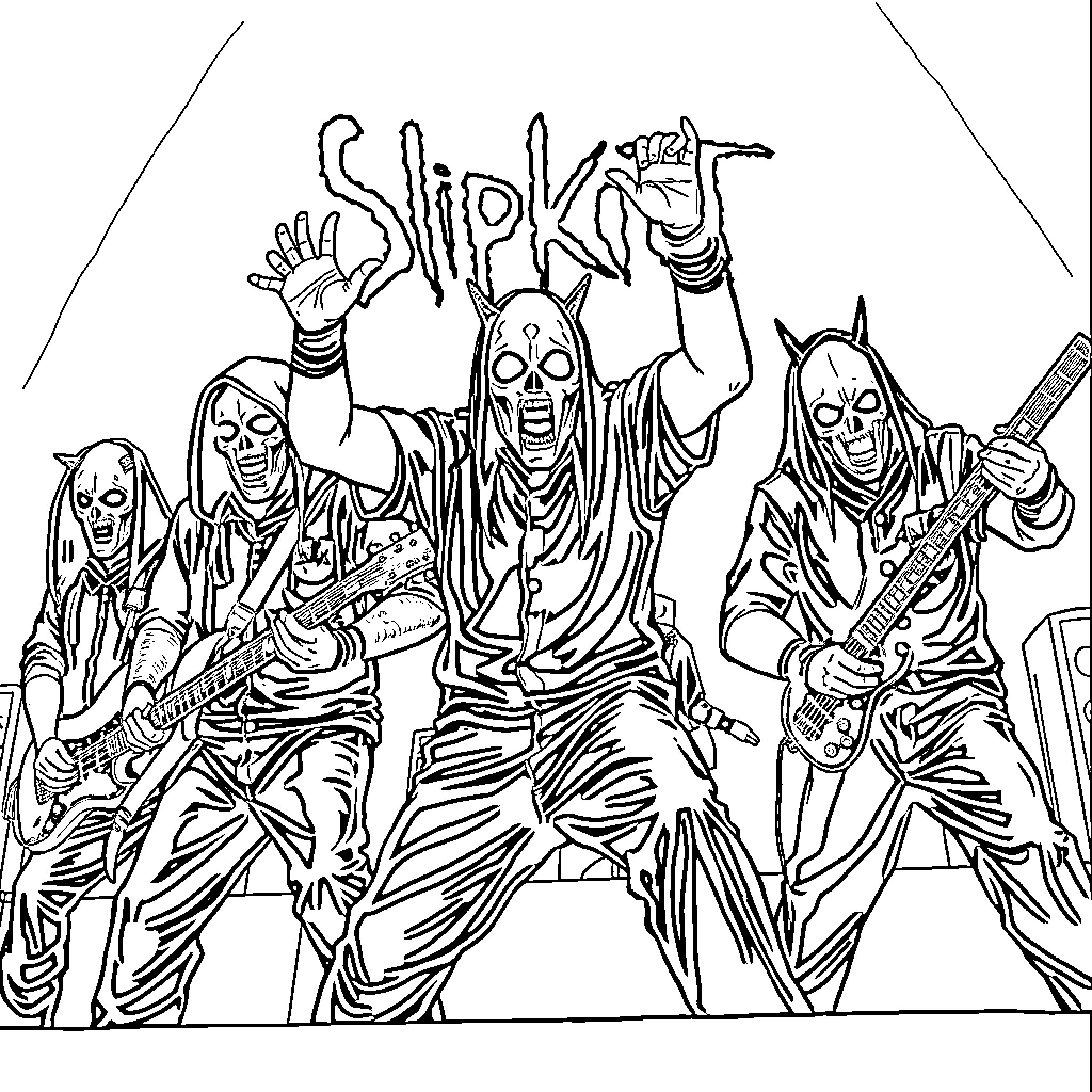 Slipknot metal band members in fierce performance Coloring Page (free black-and-white line drawing printable PDF for all, from beginners to advanced learners, including children, teens, adults, and seniors)
