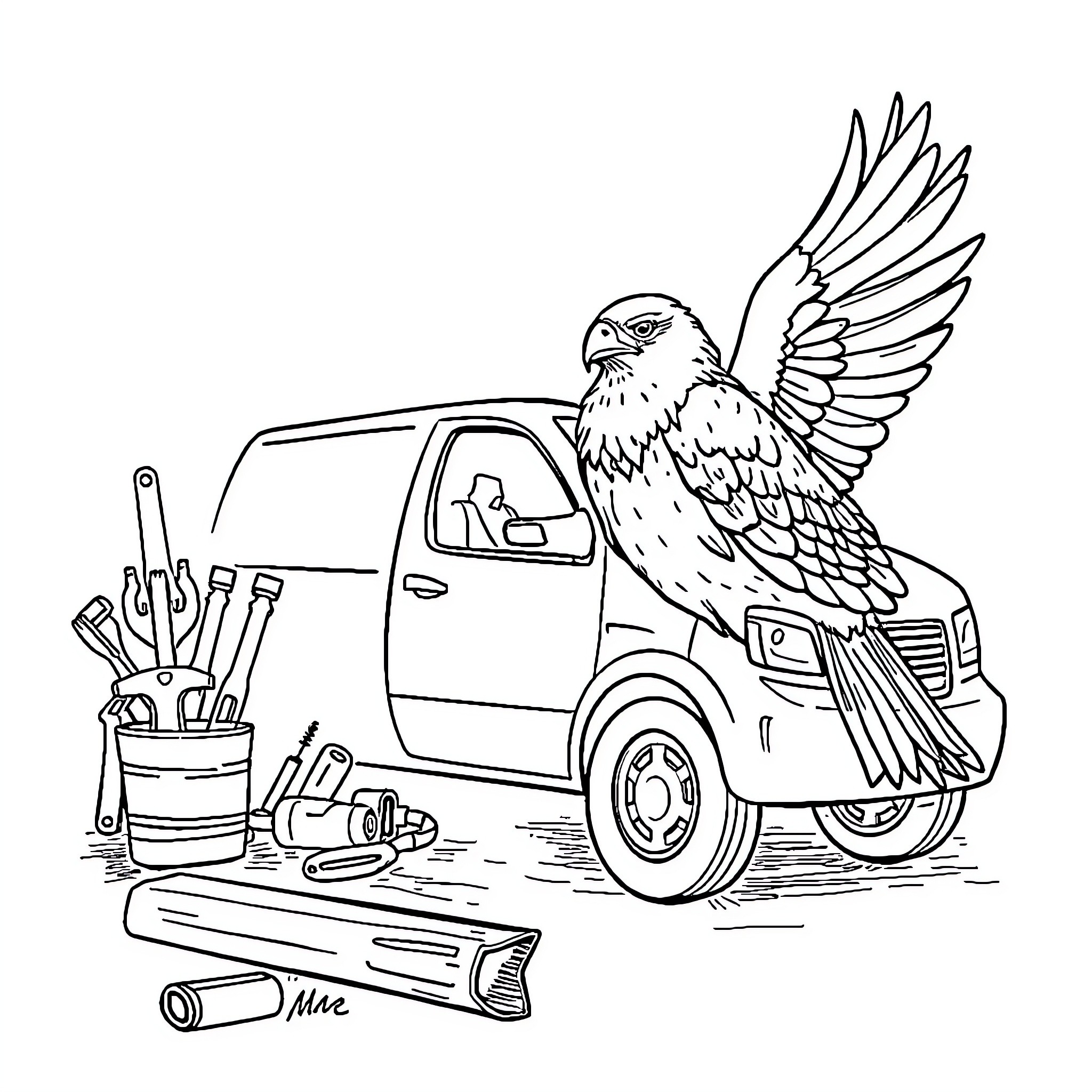 Falcon delivering toolbox from truck Coloring Page (free black-and-white line drawing printable PDF for all, from beginners to advanced learners, including children, teens, adults, and seniors)