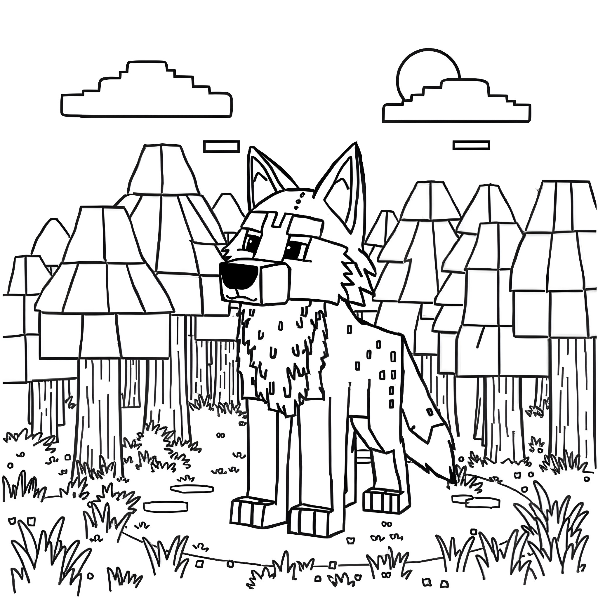 Wolf exploring the enchanting mountain landscape Coloring Page (free black-and-white line drawing printable PDF for all, from beginners to advanced learners, including children, teens, adults, and seniors)