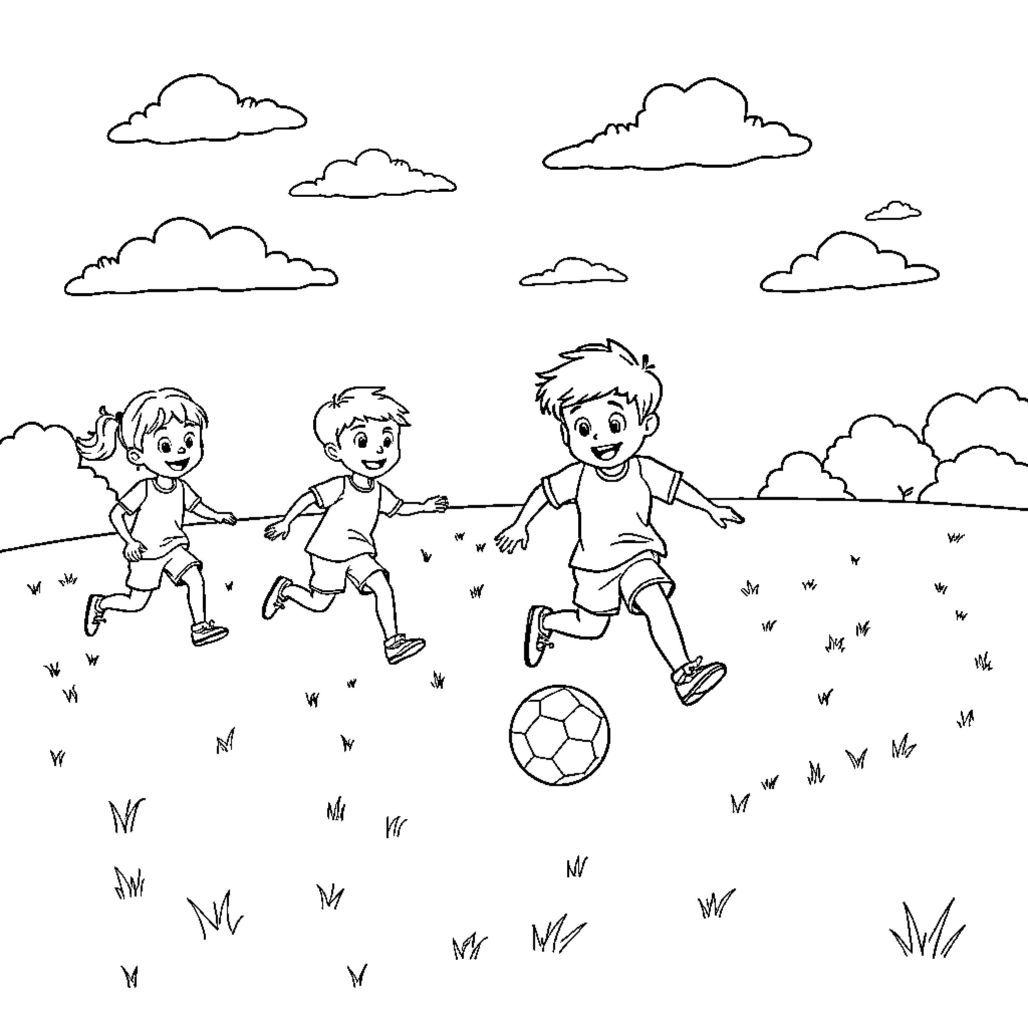 Kids playing joyfully in the park Coloring Page (free black-and-white line drawing printable PDF for all, from beginners to advanced learners, including children, teens, adults, and seniors)