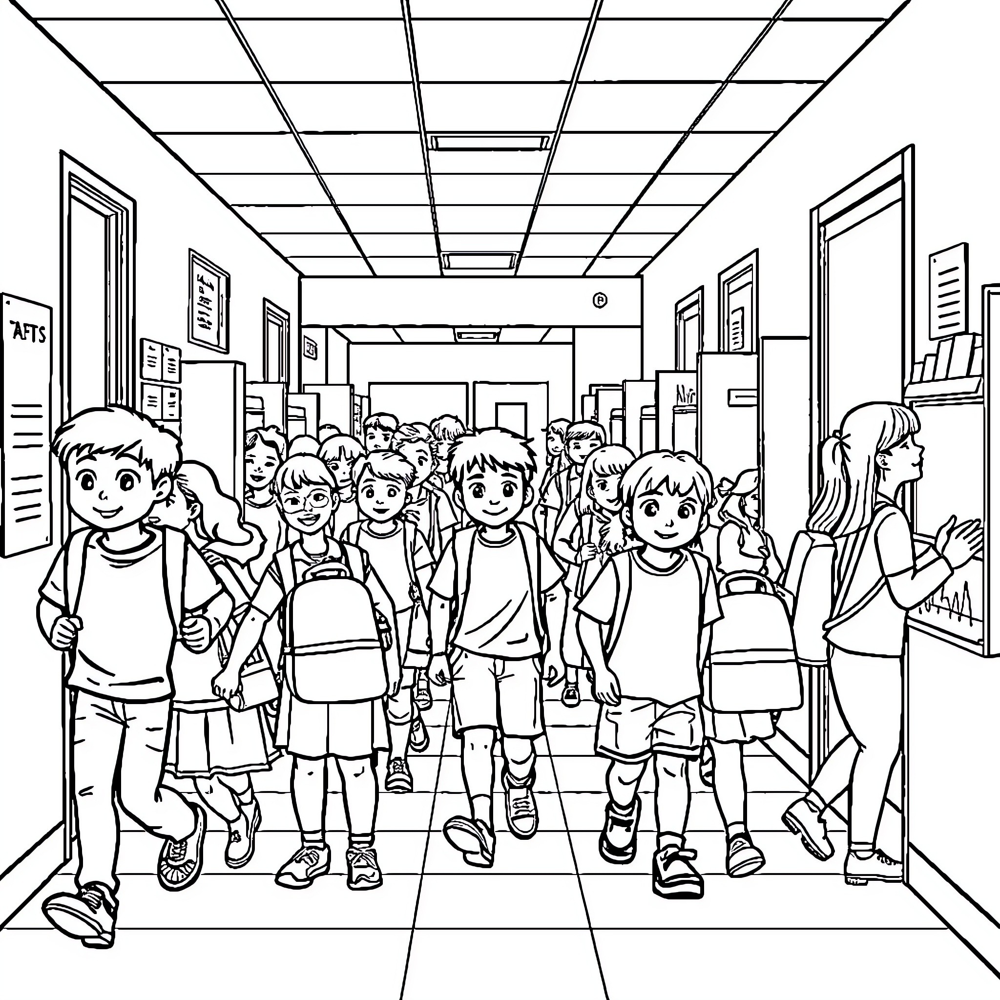 School Hallway Bustling with Lively Students Coloring Page (free black-and-white line drawing printable PDF for all, from beginners to advanced learners, including children, teens, adults, and seniors)