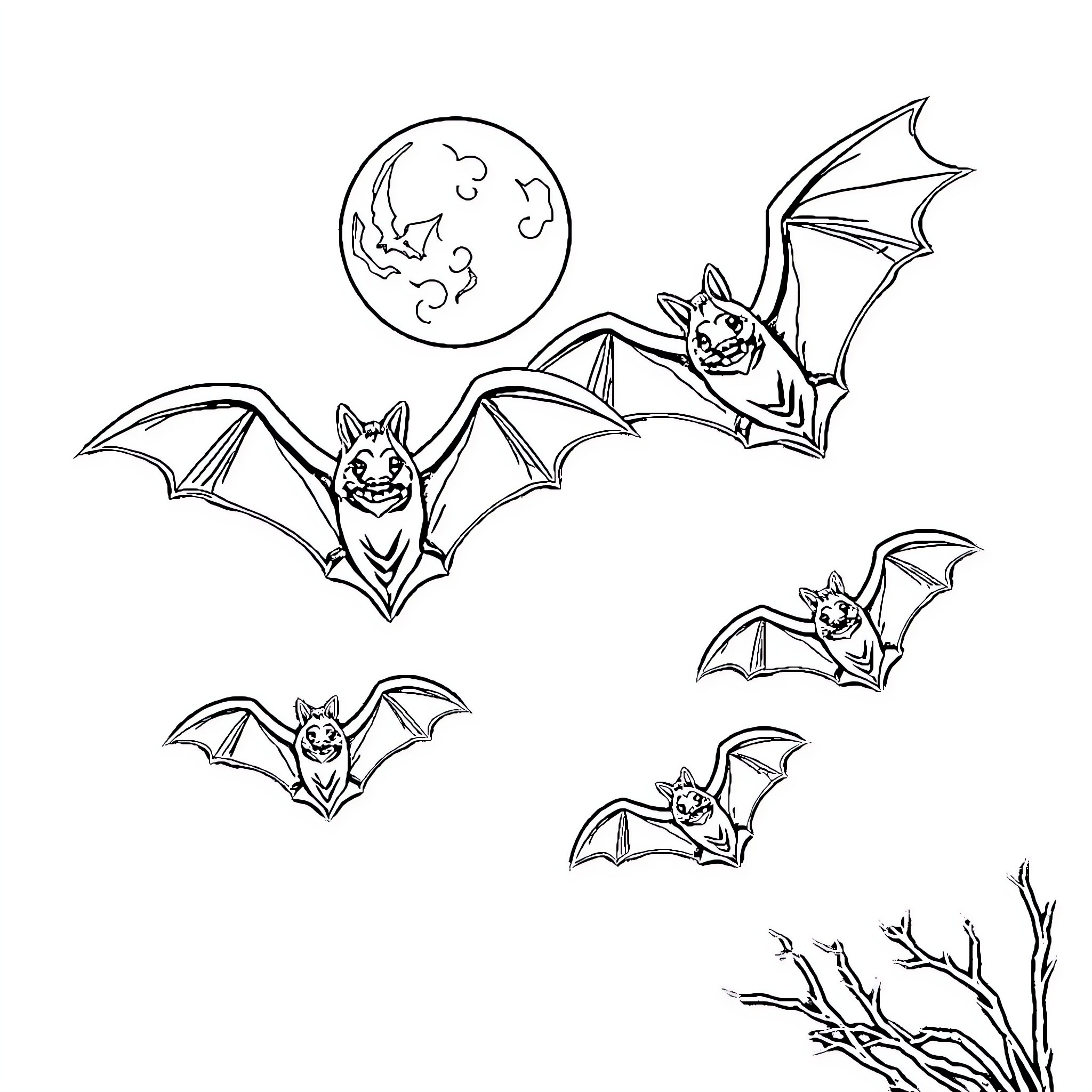Bats flying cheerfully under the moonlight Coloring Page (free black-and-white line drawing printable PDF for all, from beginners to advanced learners, including children, teens, adults, and seniors)