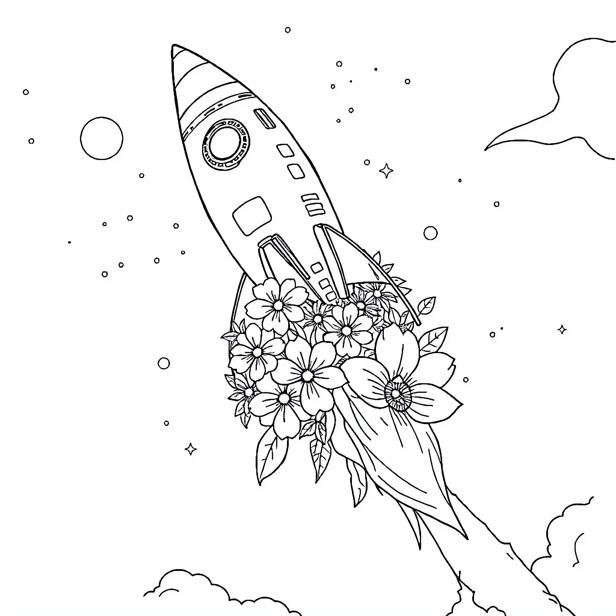 Starship Launching with Floral Decorations Coloring Page (free black-and-white line drawing printable PDF for all, from beginners to advanced learners, including children, teens, adults, and seniors)
