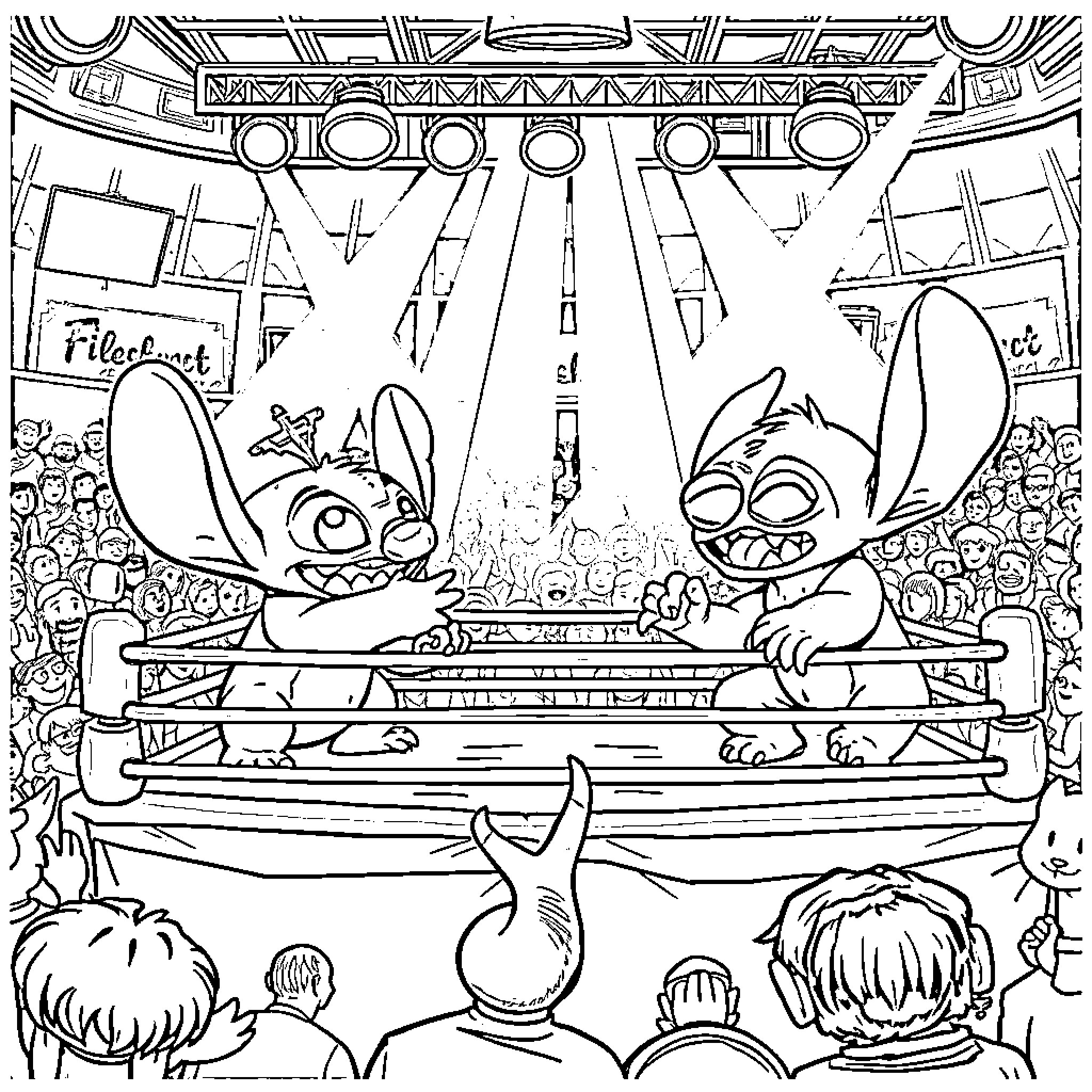 Wrestling Cartoon Characters Performing on Stage Coloring Page (free black-and-white line drawing printable PDF for all, from beginners to advanced learners, including children, teens, adults, and seniors)