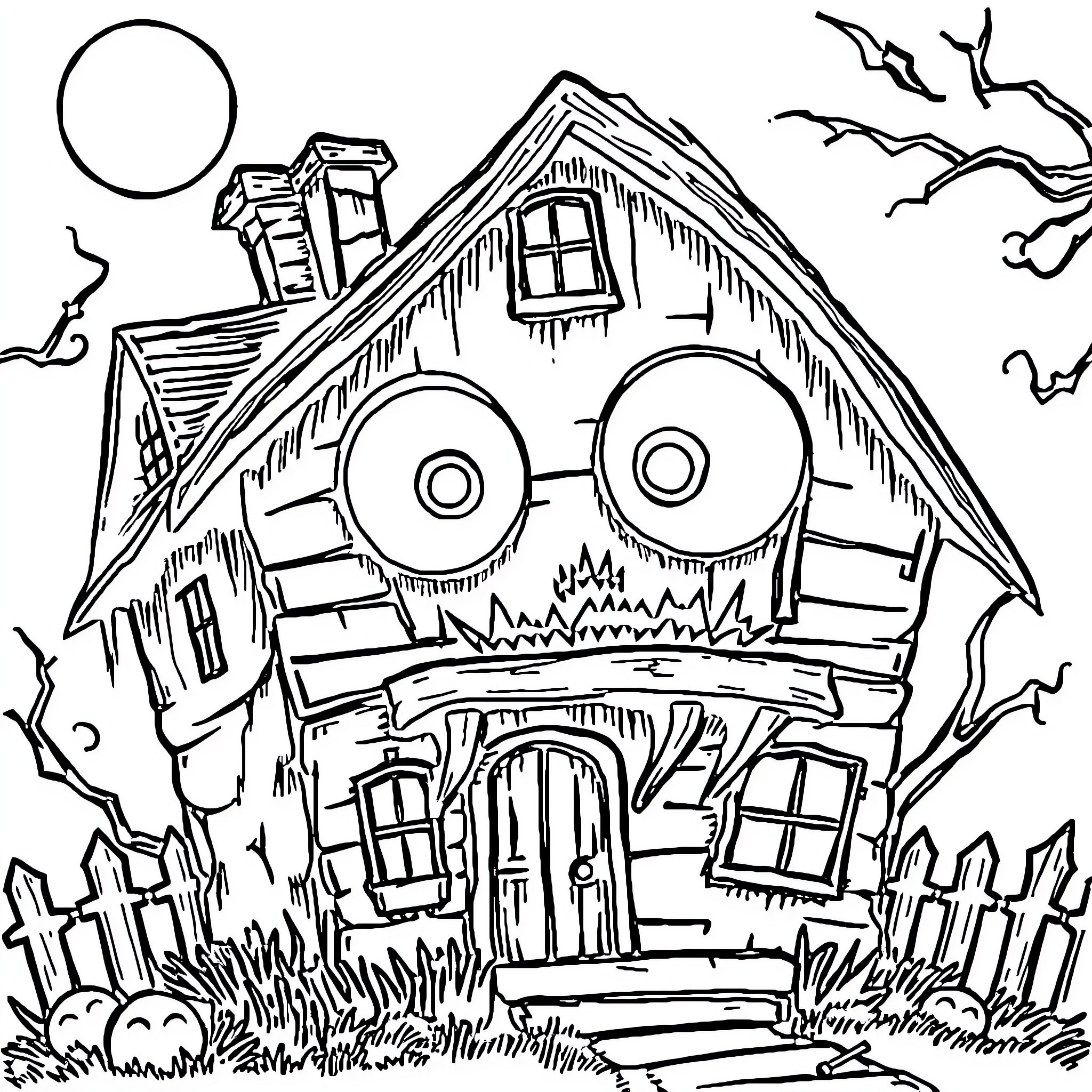 House with Spooky Expressions on a Creepy Night Coloring Page (free black-and-white line drawing printable PDF for all, from beginners to advanced learners, including children, teens, adults, and seniors)