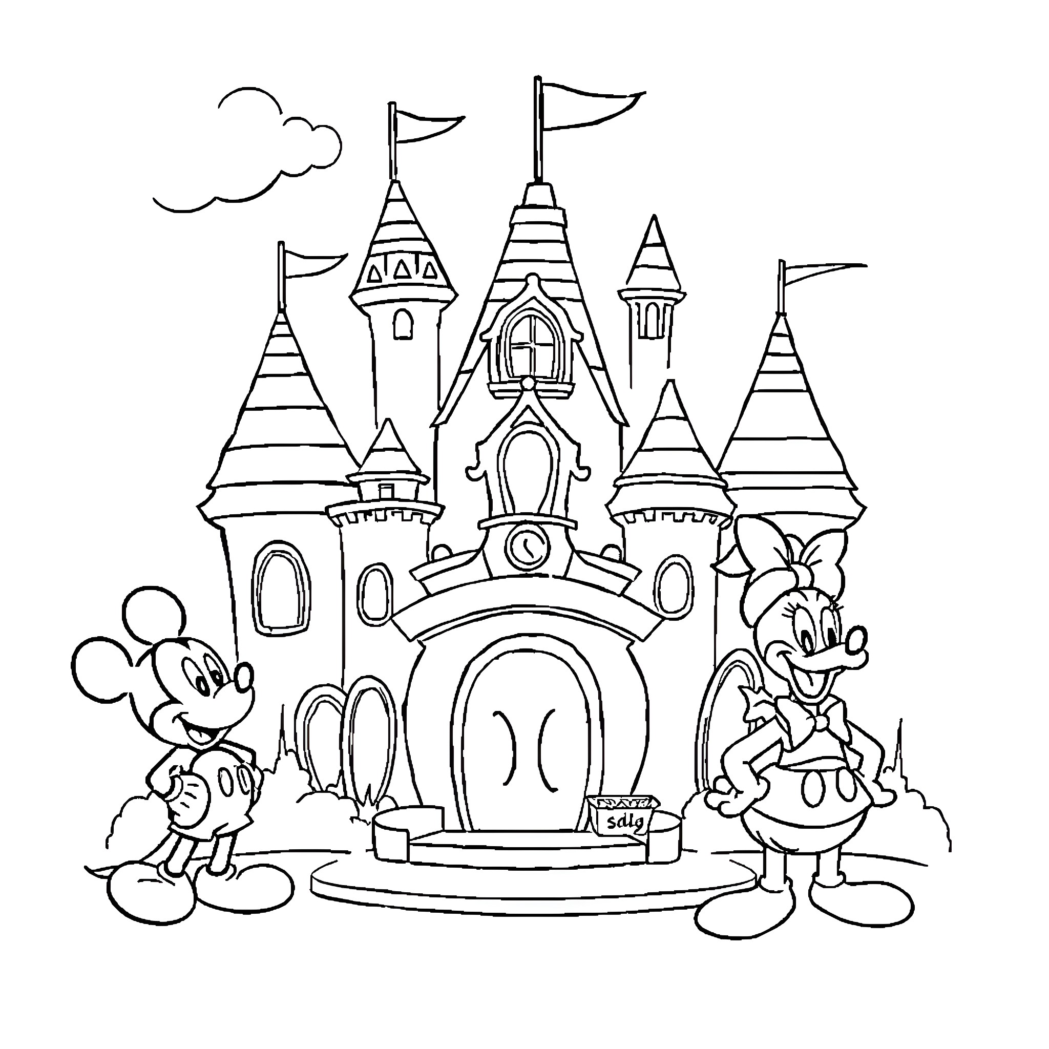 Mickey Mouse and Friends at the Magical Castle Coloring Page (free black-and-white line drawing printable PDF for all, from beginners to advanced learners, including children, teens, adults, and seniors)