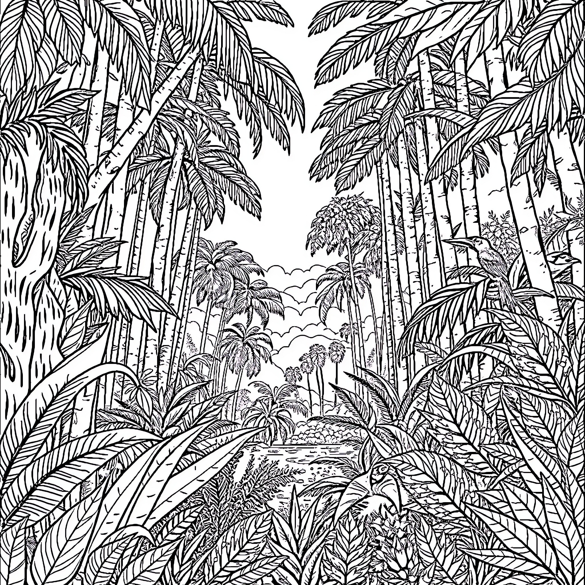 Rainforest scene with lush vegetation and palm trees Coloring Page (free black-and-white line drawing printable PDF for all, from beginners to advanced learners, including children, teens, adults, and seniors)