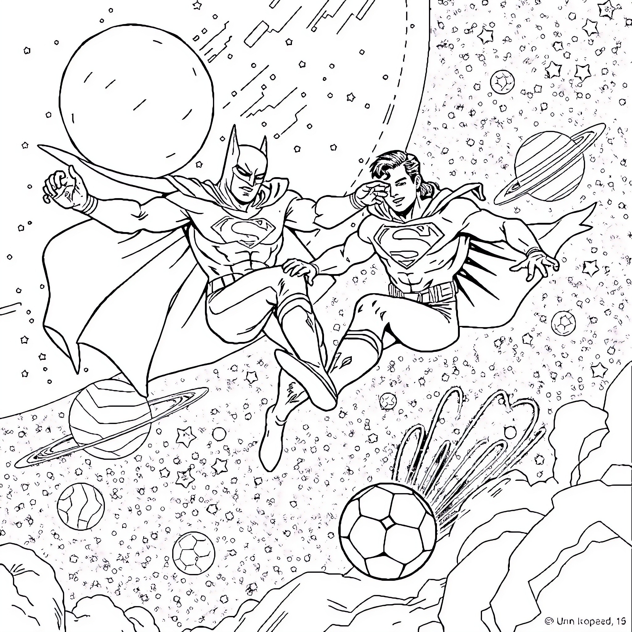 Batman and Superman flying in space adventure Coloring Page (free black-and-white line drawing printable PDF for all, from beginners to advanced learners, including children, teens, adults, and seniors)