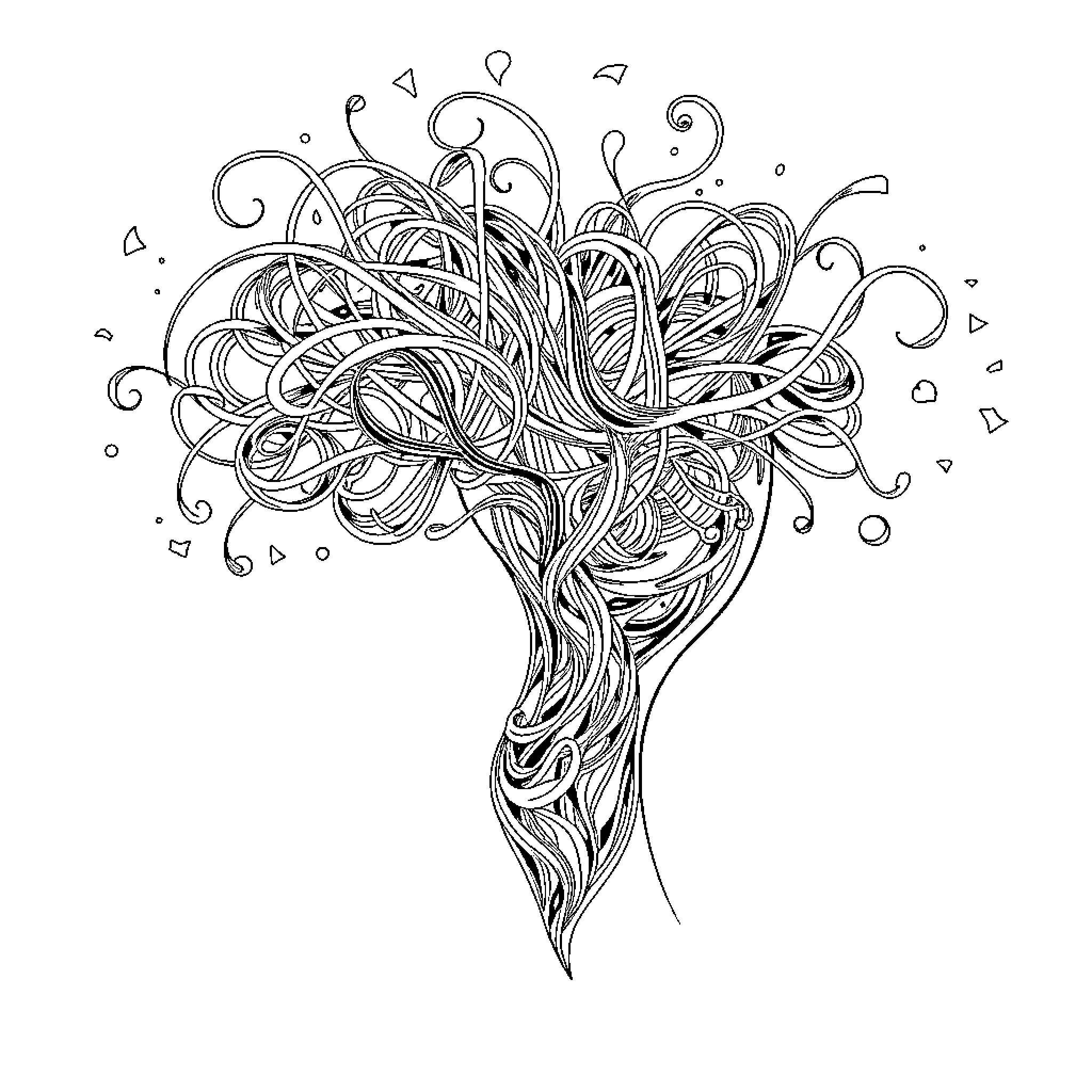 Head of Abstract Flowing Shapes and Swirls Coloring Page (free black-and-white line drawing printable PDF for all, from beginners to advanced learners, including children, teens, adults, and seniors)