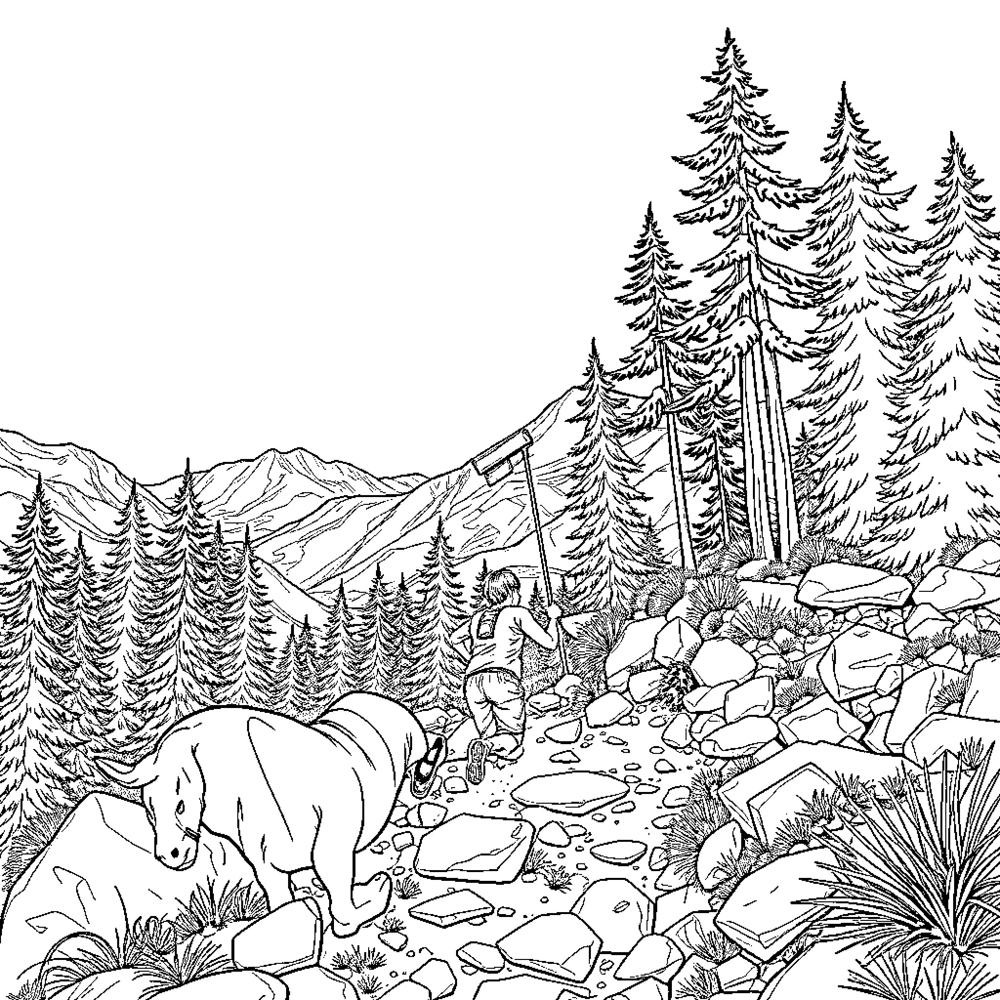 Runner hiking through majestic mountain landscape Coloring Page (free black-and-white line drawing printable PDF for all, from beginners to advanced learners, including children, teens, adults, and seniors)