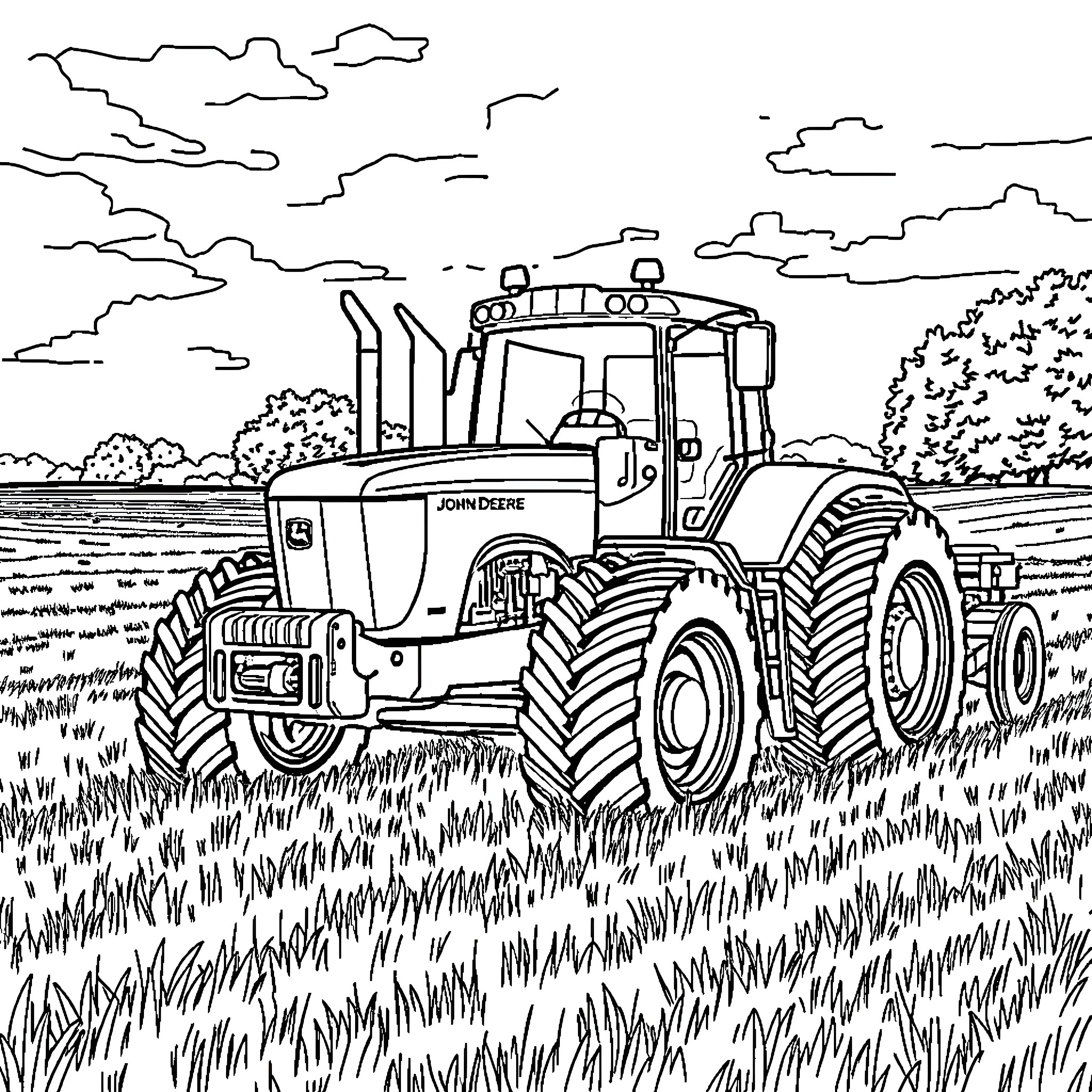 Tractor plowing a field in the countryside Coloring Page (free black-and-white line drawing printable PDF for all, from beginners to advanced learners, including children, teens, adults, and seniors)