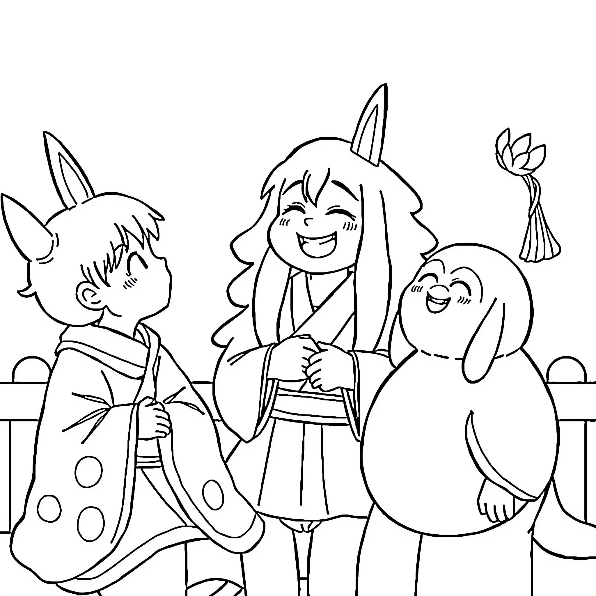 Tanjiro and friends in a festive celebration Coloring Page (free black-and-white line drawing printable PDF for all, from beginners to advanced learners, including children, teens, adults, and seniors)