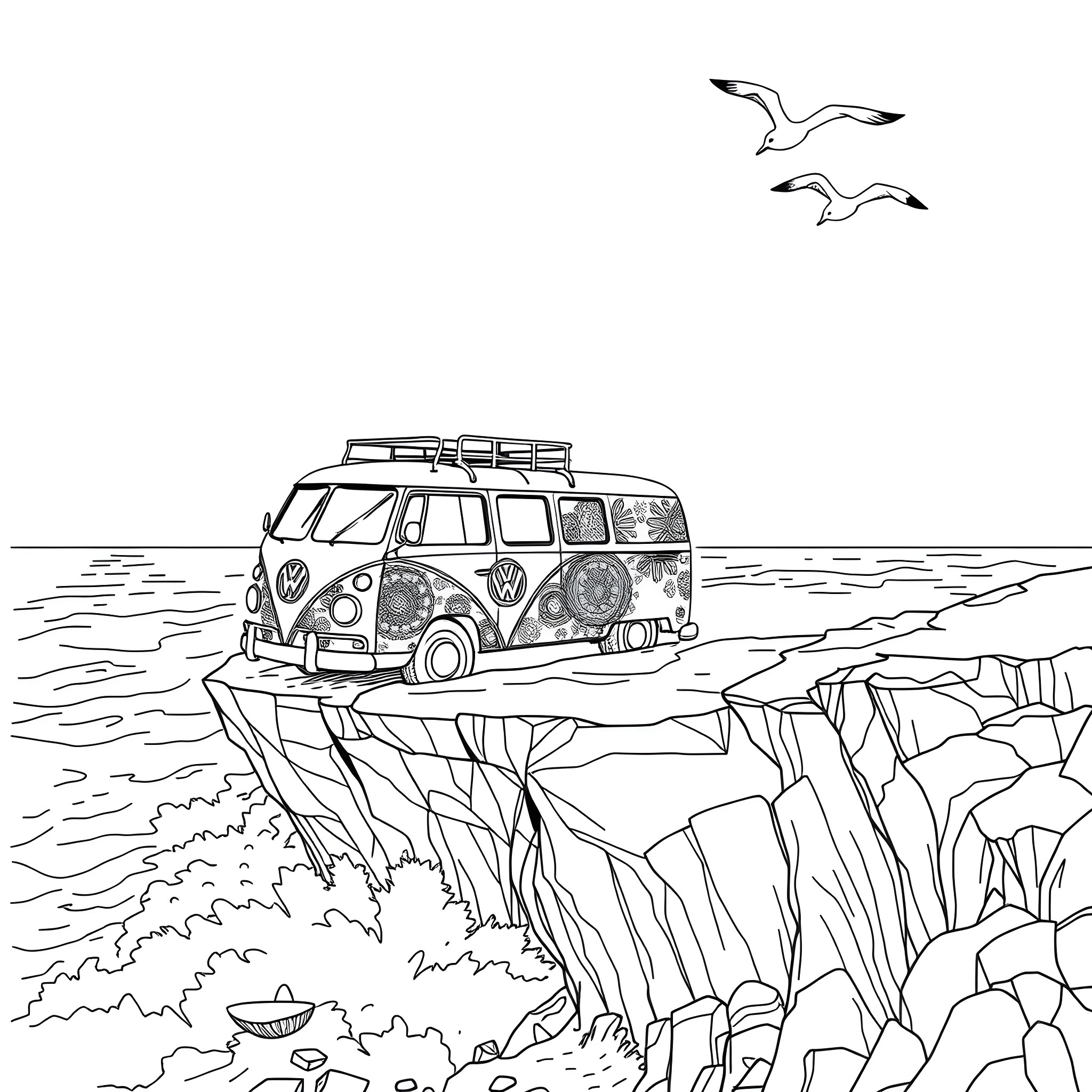 VW Van exploring the scenic coastal landscape Coloring Page (free black-and-white line drawing printable PDF for all, from beginners to advanced learners, including children, teens, adults, and seniors)