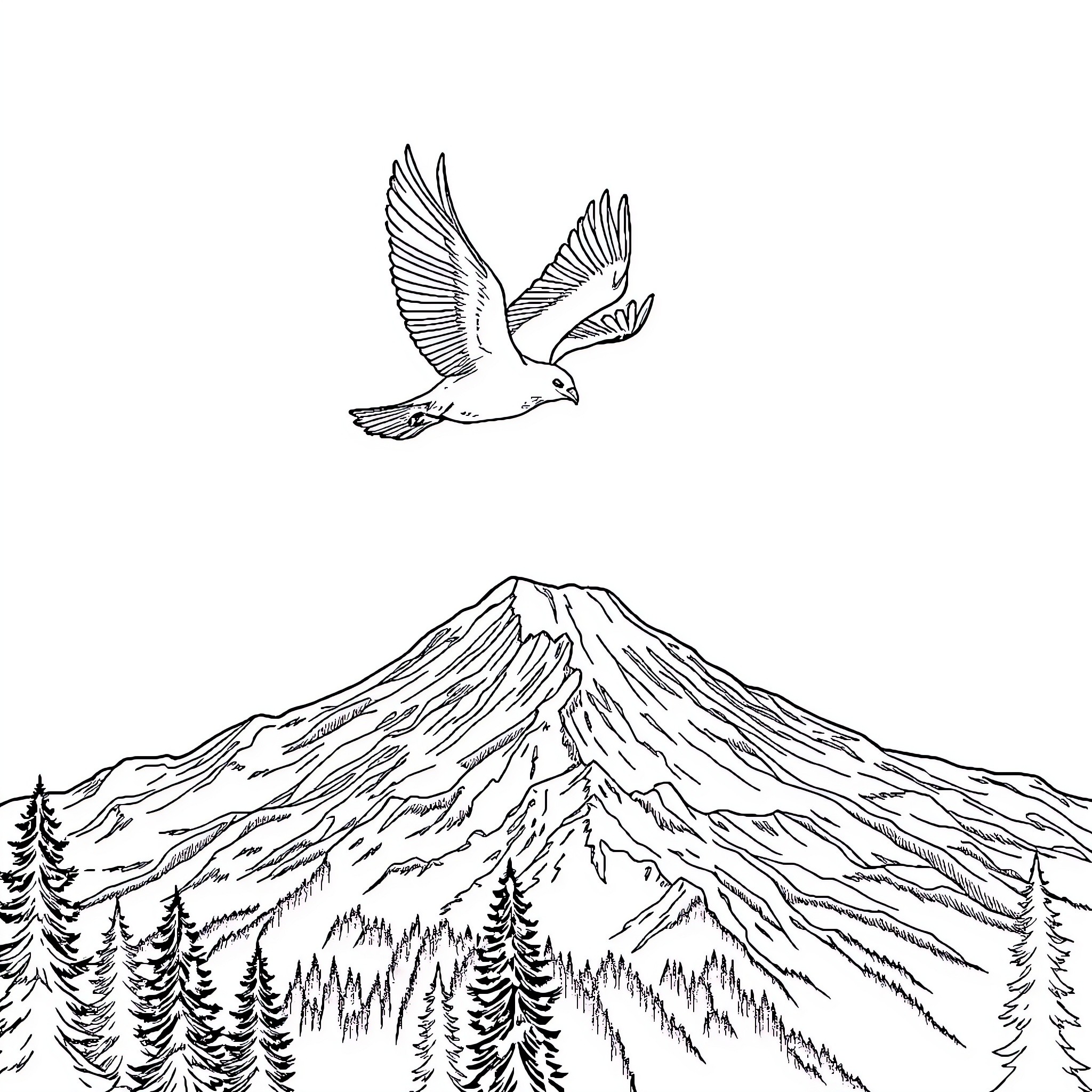 Bird soaring over majestic mountain landscape Coloring Page (free black-and-white line drawing printable PDF for all, from beginners to advanced learners, including children, teens, adults, and seniors)