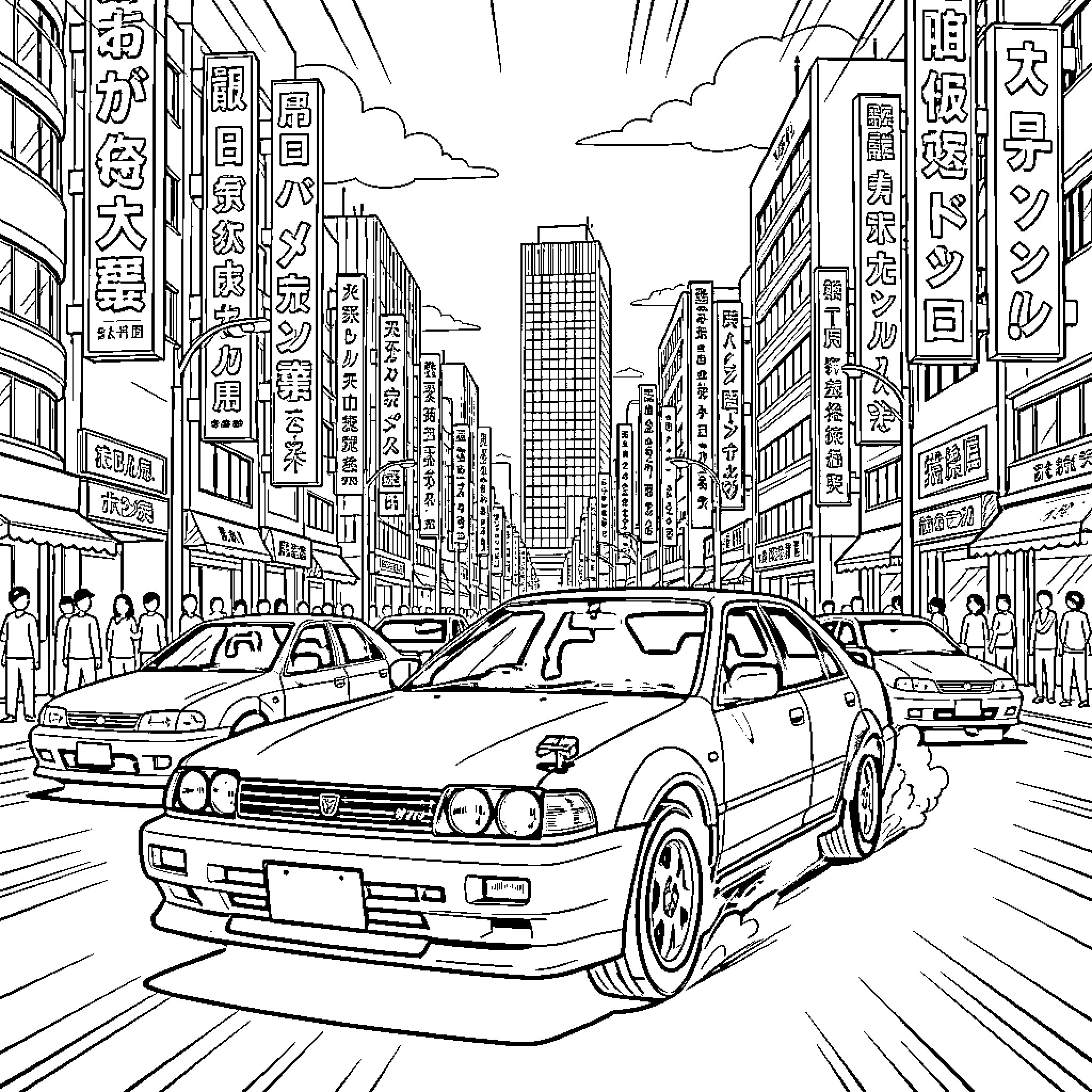 JDM Car speeding through a busy city street Coloring Page (free black-and-white line drawing printable PDF for all, from beginners to advanced learners, including children, teens, adults, and seniors)