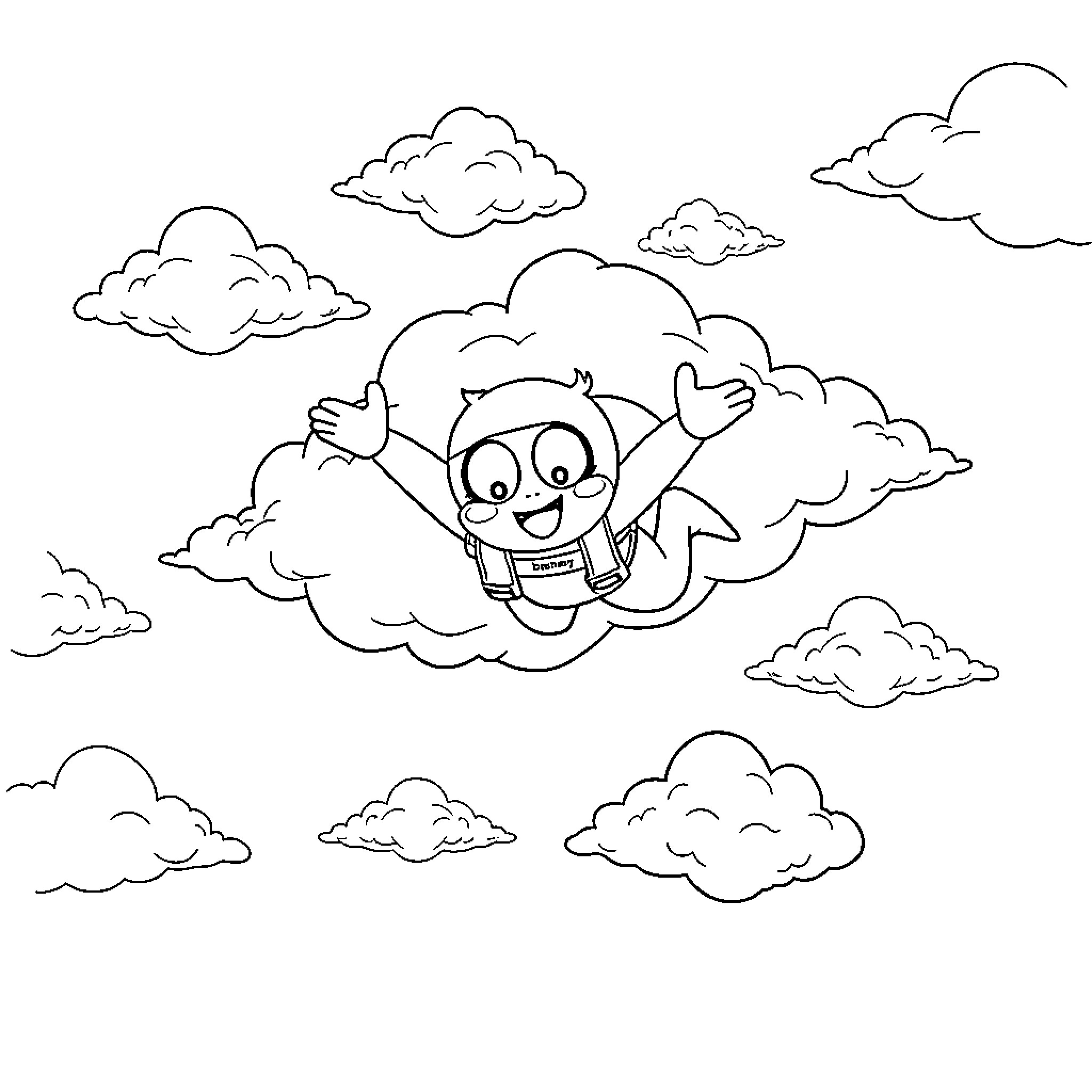 Bluey joyfully floating among clouds Coloring Page (free black-and-white line drawing printable PDF for all, from beginners to advanced learners, including children, teens, adults, and seniors)