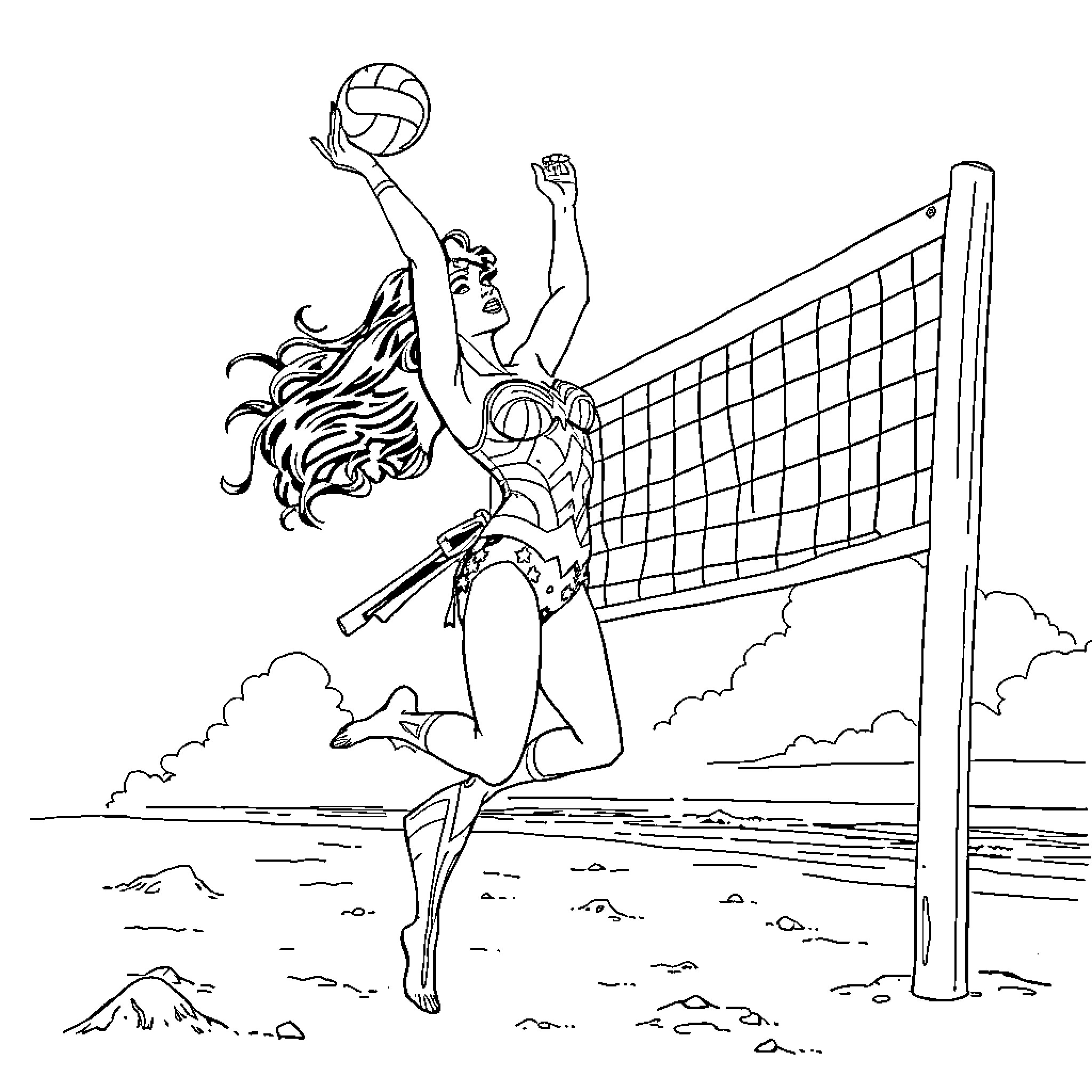 Wonder Woman playing volleyball on the beach Coloring Page (free black-and-white line drawing printable PDF for all, from beginners to advanced learners, including children, teens, adults, and seniors)