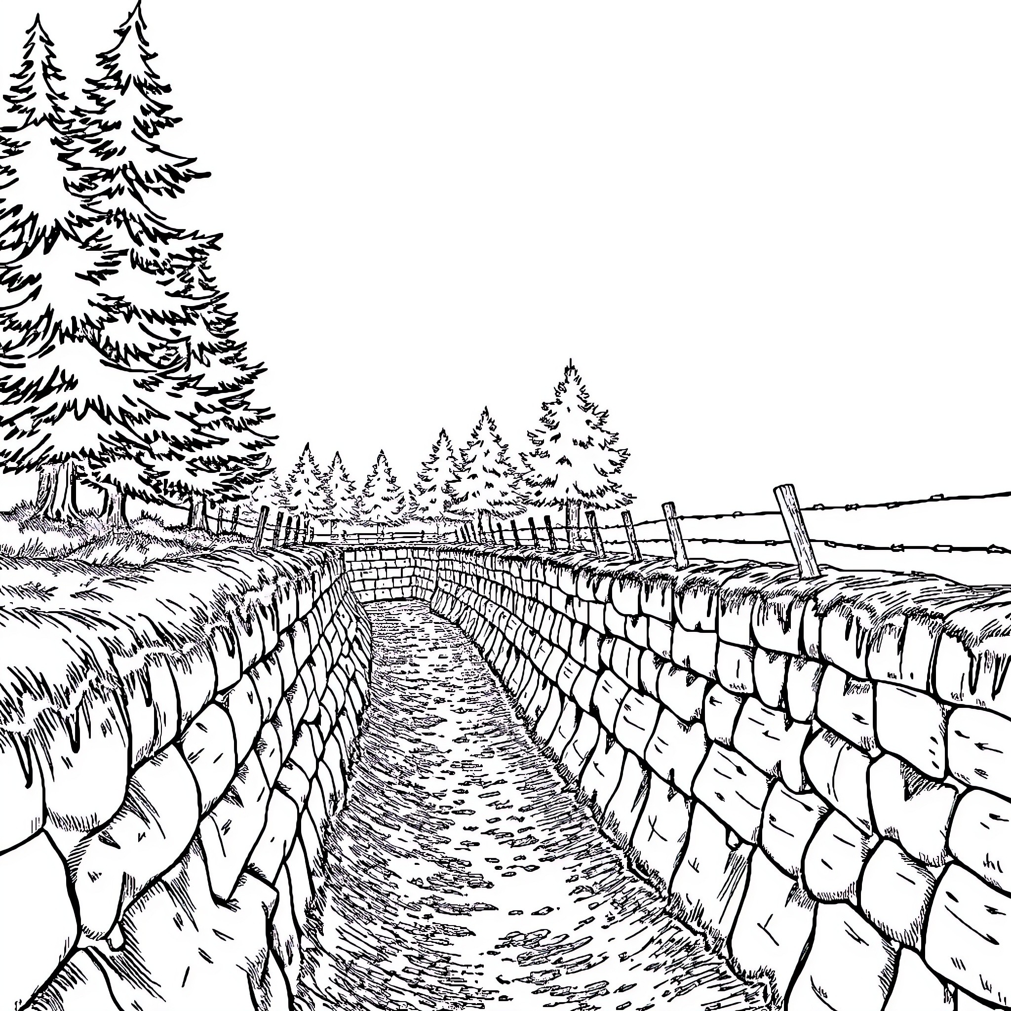 Trench Path through Forested Landscape Coloring Page (free black-and-white line drawing printable PDF for all, from beginners to advanced learners, including children, teens, adults, and seniors)
