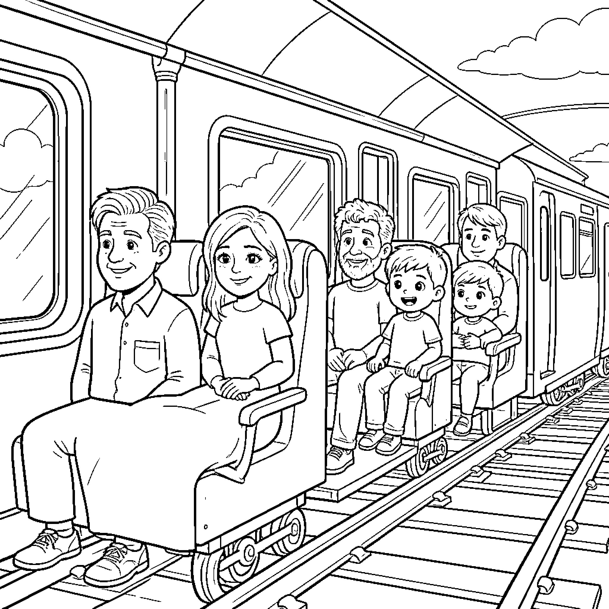 Train passengers smiling while sitting on a ride Coloring Page (free black-and-white line drawing printable PDF for all, from beginners to advanced learners, including children, teens, adults, and seniors)