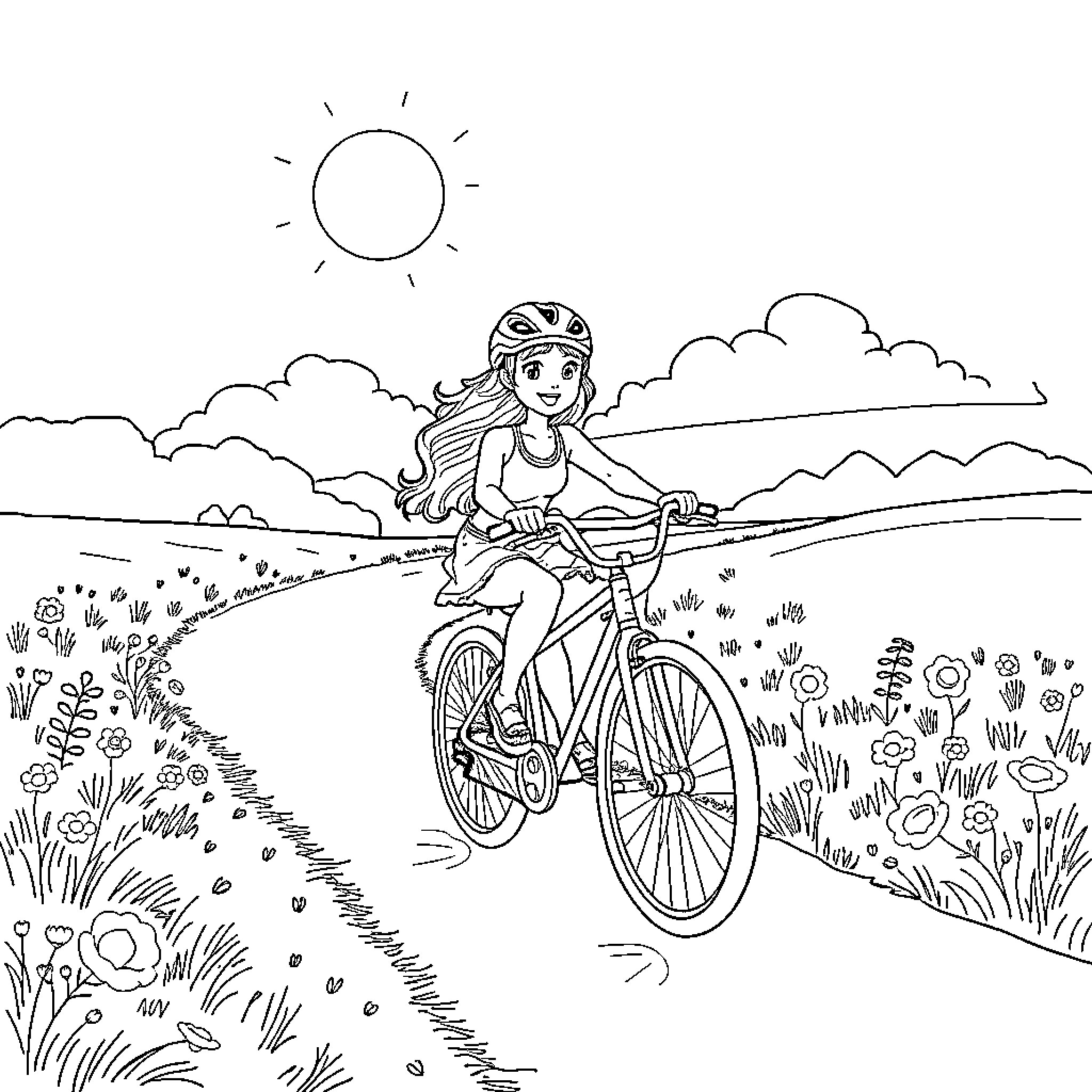 Helinore's Joyful Bicycle Ride Through Nature Coloring Page (free black-and-white line drawing printable PDF for all, from beginners to advanced learners, including children, teens, adults, and seniors)