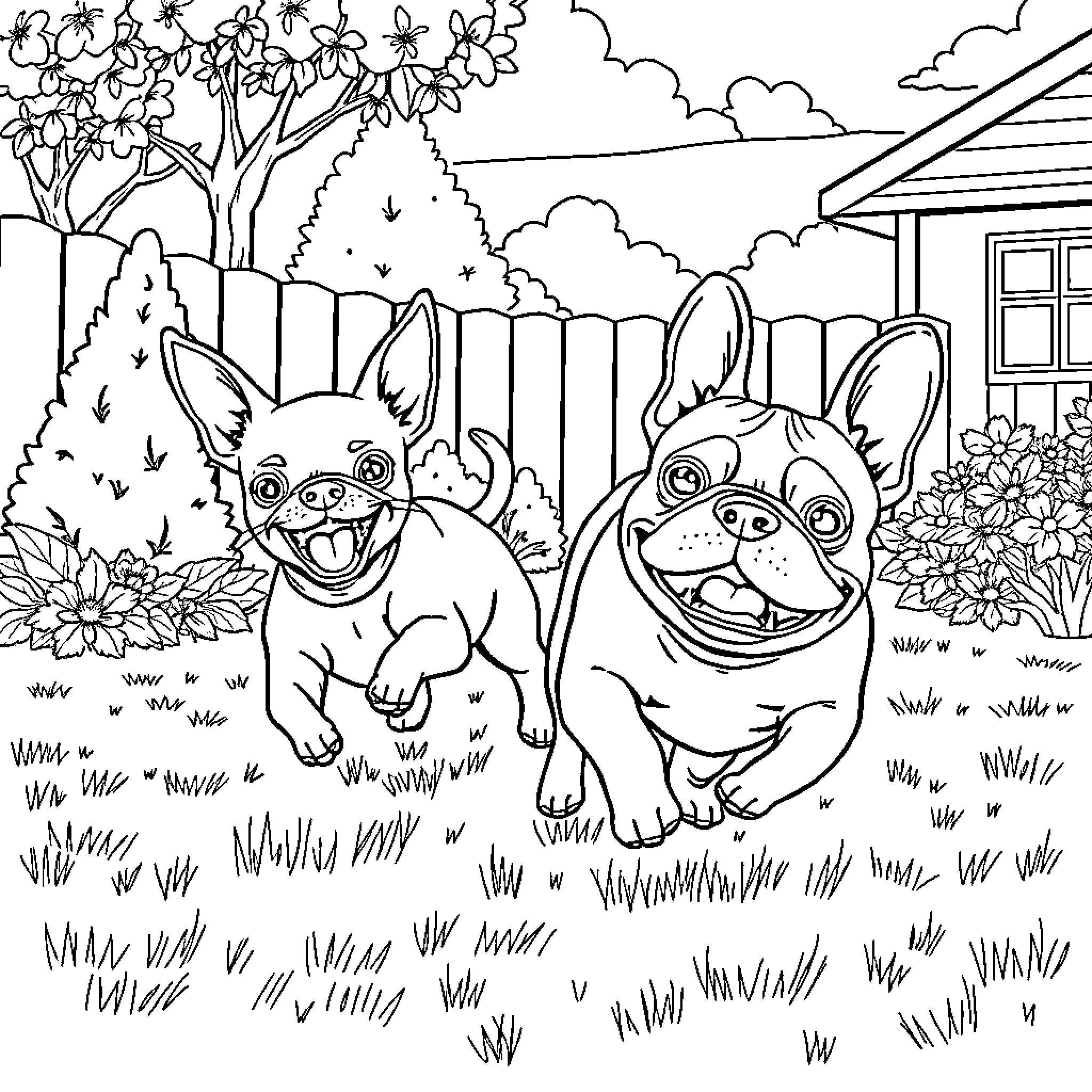 Dog friends enjoying a day in the backyard Coloring Page (free black-and-white line drawing printable PDF for all, from beginners to advanced learners, including children, teens, adults, and seniors)