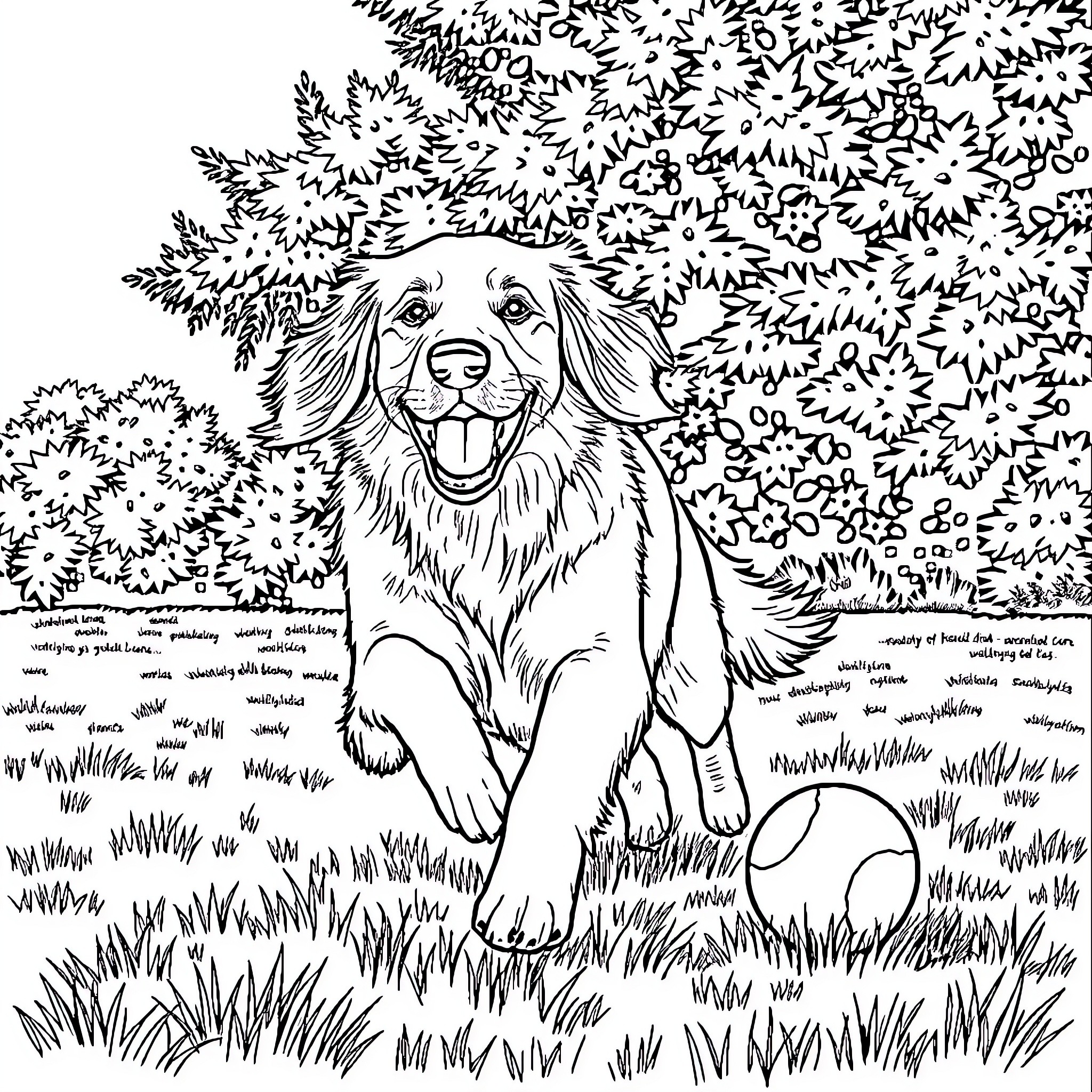 Golden Retriever playing joyfully in the park Coloring Page (free black-and-white line drawing printable PDF for all, from beginners to advanced learners, including children, teens, adults, and seniors)