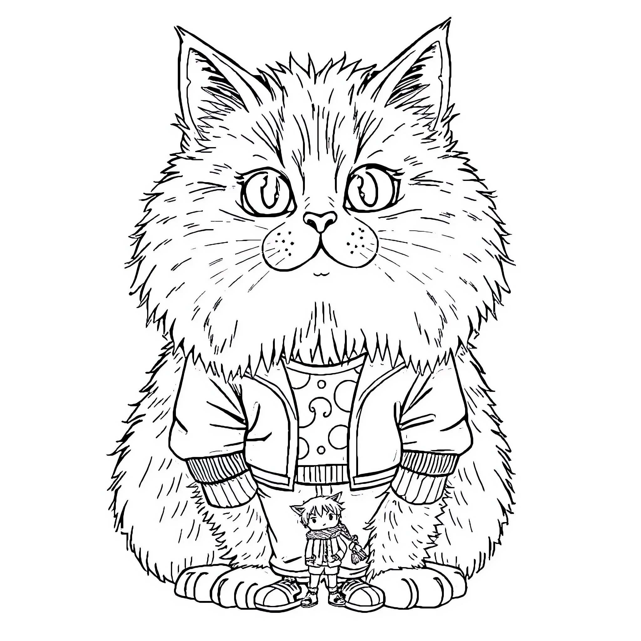 Cat wearing stylish outfit Coloring Page (free black-and-white line drawing printable PDF for all, from beginners to advanced learners, including children, teens, adults, and seniors)
