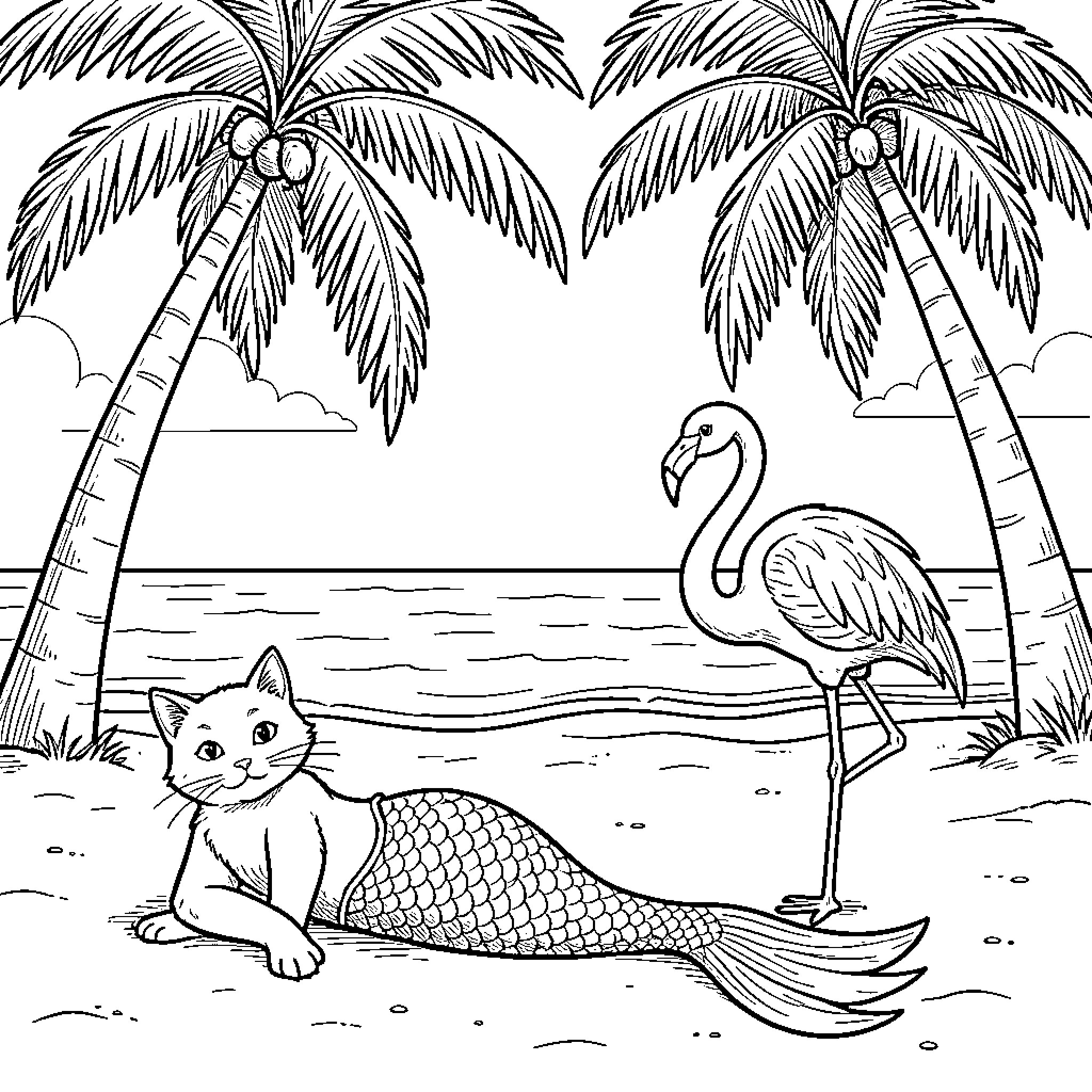 Mermaid Cat resting on a beach with a flamingo Coloring Page (free black-and-white line drawing printable PDF for all, from beginners to advanced learners, including children, teens, adults, and seniors)