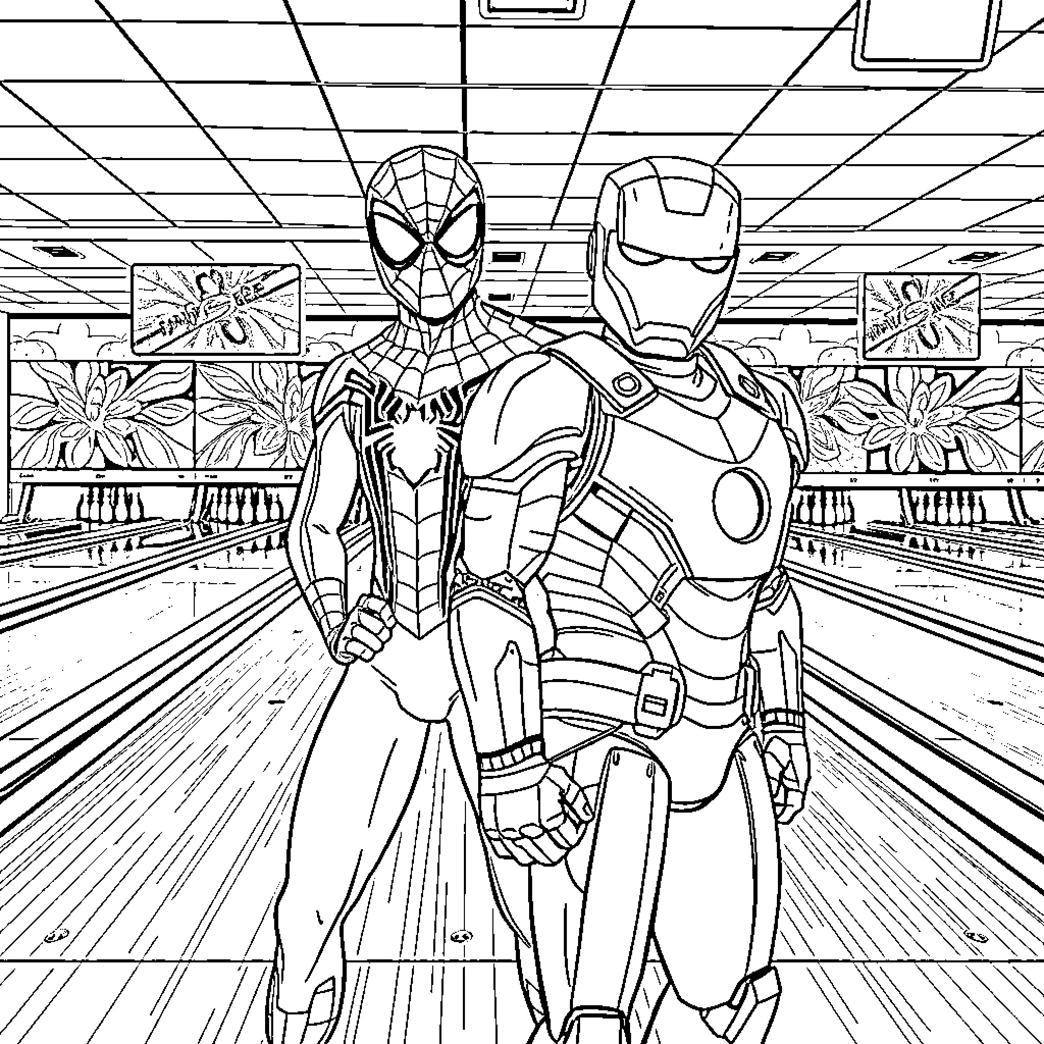 Spiderman and Iron Man in a Bowling Alley Coloring Page (free black-and-white line drawing printable PDF for all, from beginners to advanced learners, including children, teens, adults, and seniors)