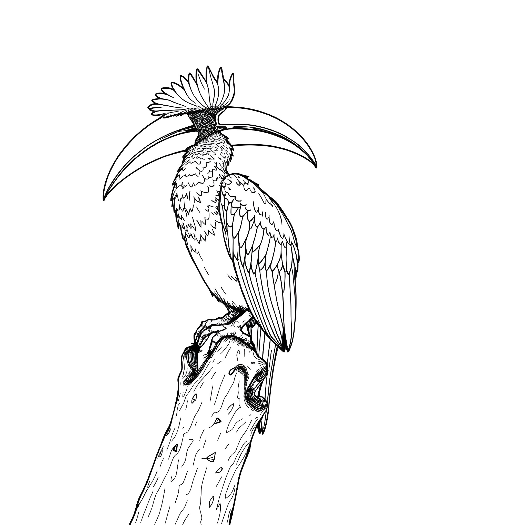 Hornbill perched on a branch Coloring Page (free black-and-white line drawing printable PDF for all, from beginners to advanced learners, including children, teens, adults, and seniors)
