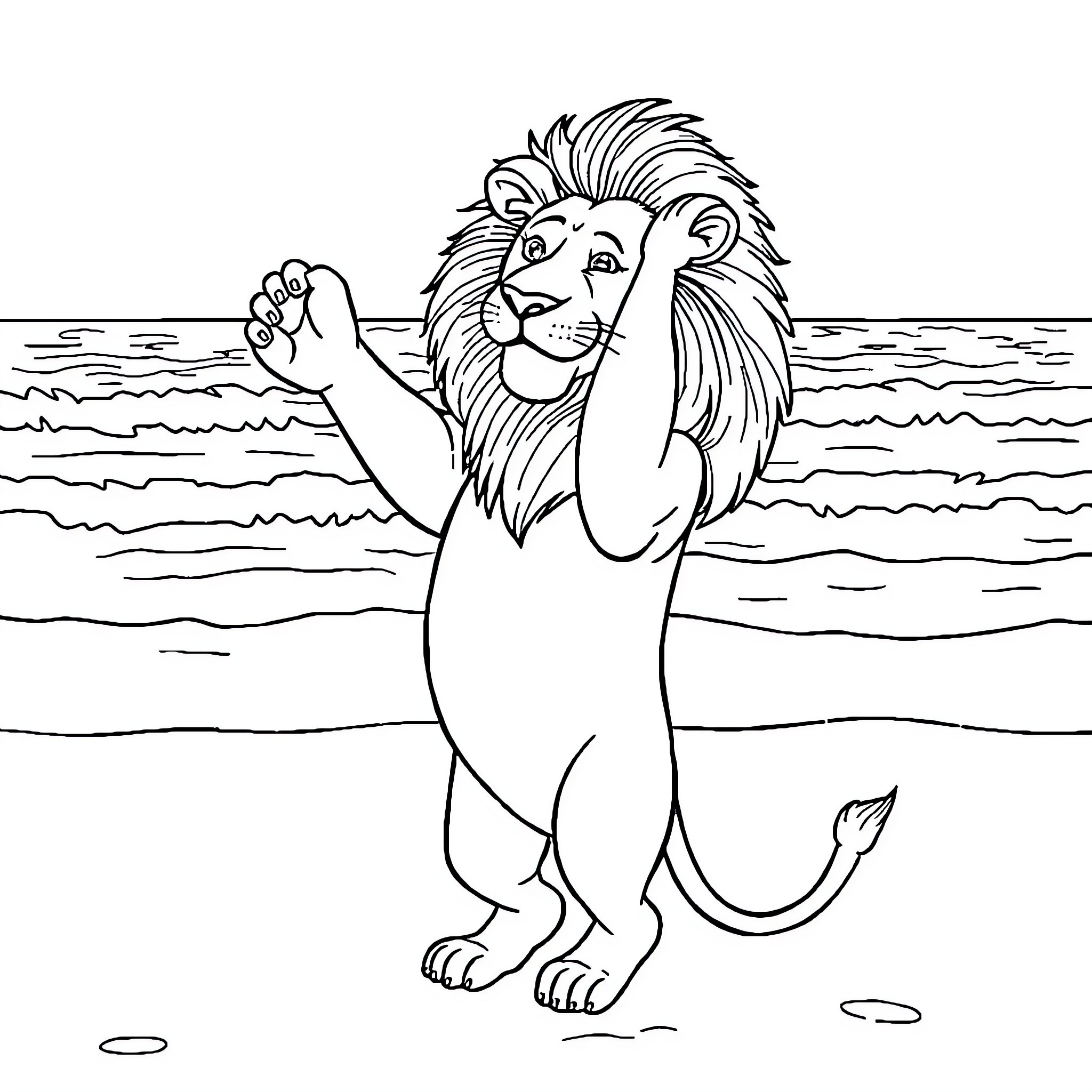 Lion roaring with paws raised on the beach Coloring Page (free black-and-white line drawing printable PDF for all, from beginners to advanced learners, including children, teens, adults, and seniors)