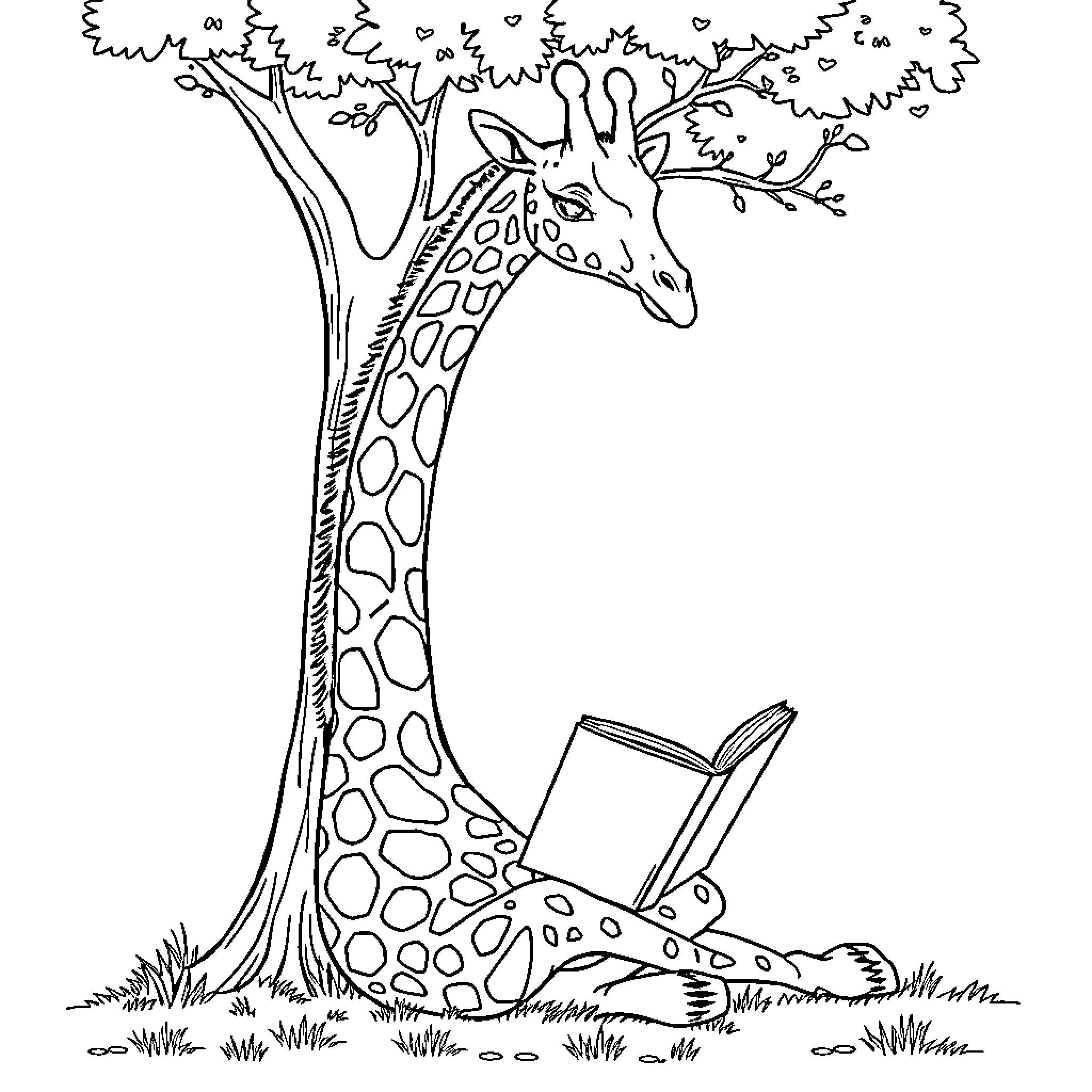 Giraffe reading book under tree Coloring Page (free black-and-white line drawing printable PDF for all, from beginners to advanced learners, including children, teens, adults, and seniors)